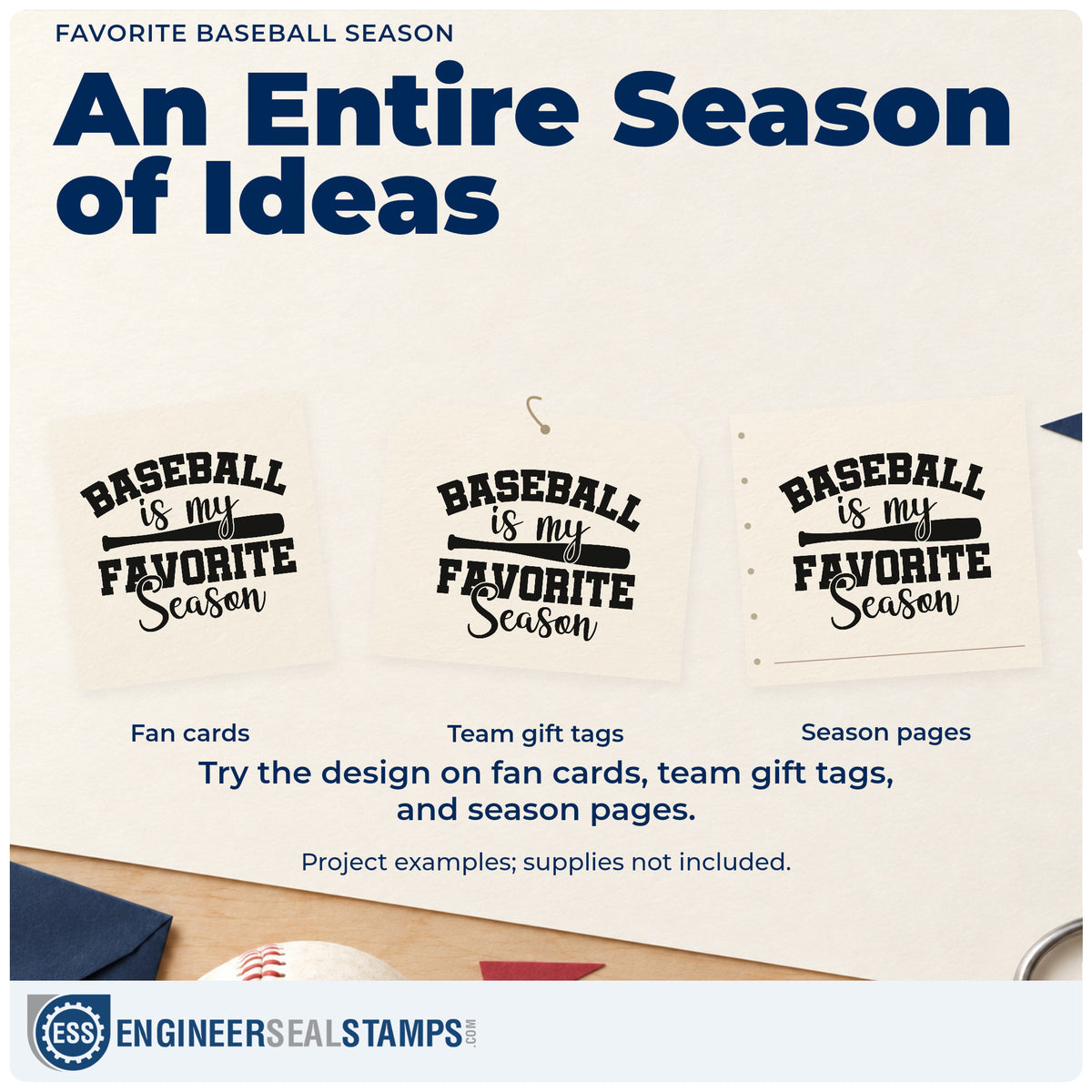 Three project examples made with the Favorite Baseball Season Slim Pre-Inked Stamp, including team welcome letters.