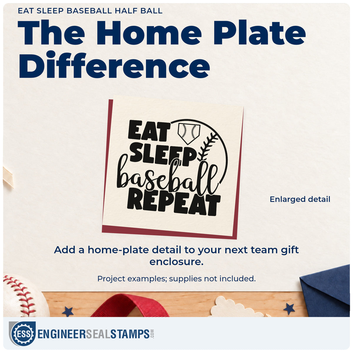 Enlarged detail of the Wood Handle Eat Sleep Baseball Half Ball Rubber Stamp imprint. Stacked "Eat sleep baseball repeat" lettering is accented by a half baseball and small home plate.