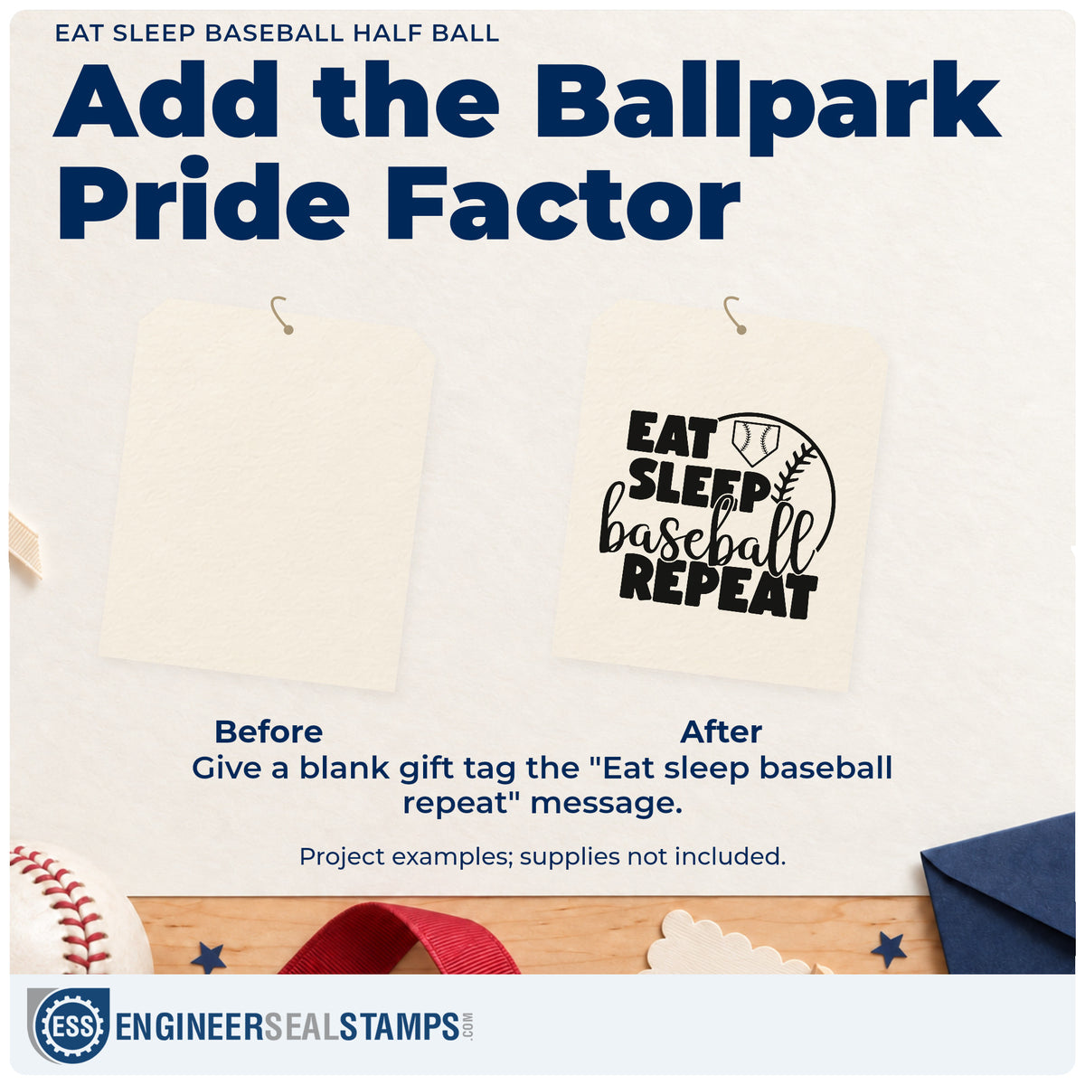 Before and after of a plain item finished with the Eat Sleep Baseball Half Ball Rubber Stamp – Duo Hand, a quick upgrade for lunchbox notes.