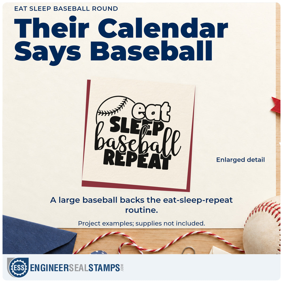 Enlarged detail of the Eat Sleep Baseball Round Script Lettering Self-Inking Stamp imprint. A large baseball sits behind rounded and script "Eat sleep baseball repeat" lettering.