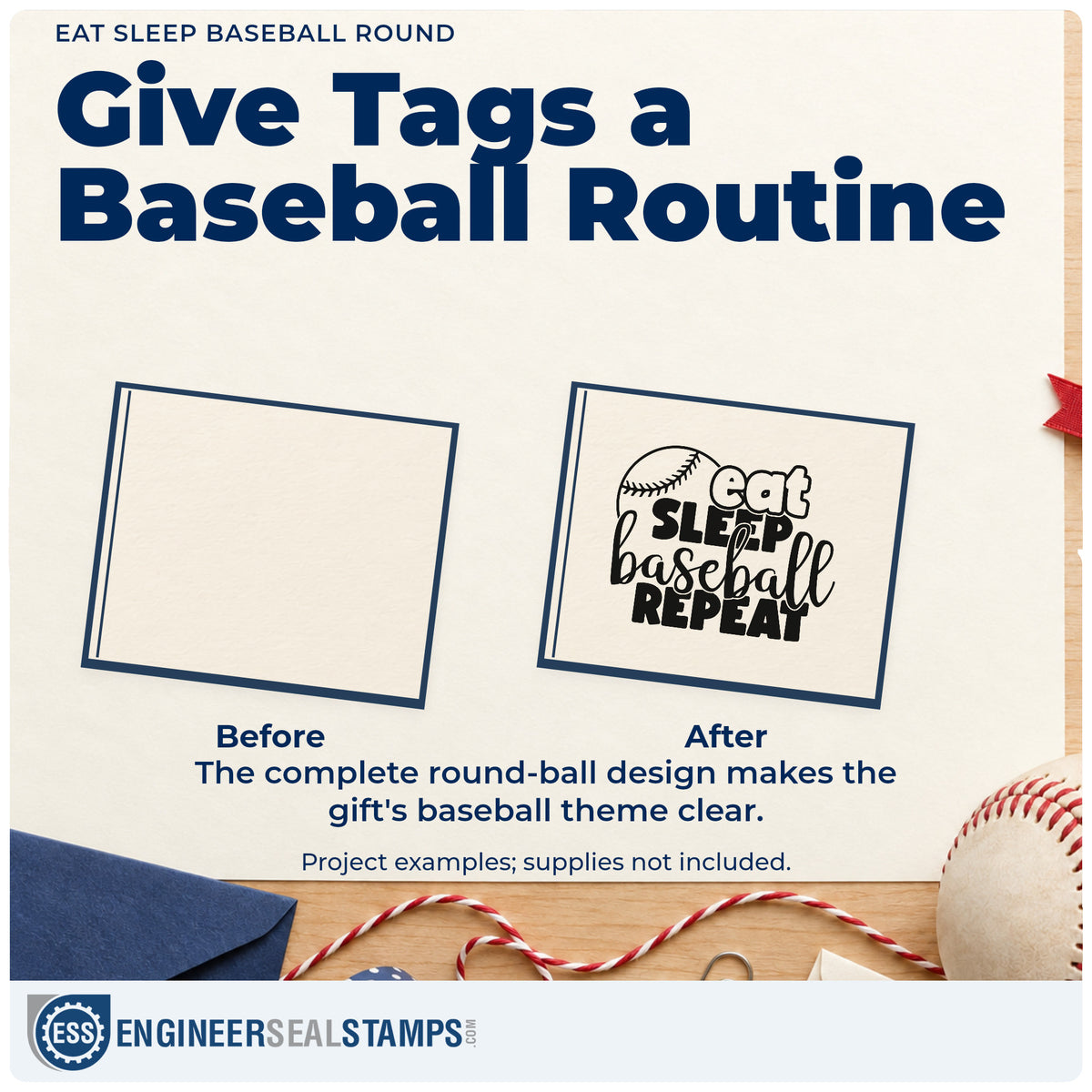 Before and after of a plain item finished with the Eat Sleep Baseball Round Script Lettering Stamp – PSI Pre-Inked, a quick upgrade for tote bag printing.