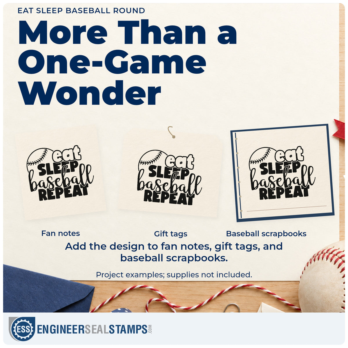 Three project examples made with the Eat Sleep Baseball Round Script Lettering Self-Inking Stamp, including party invitations.