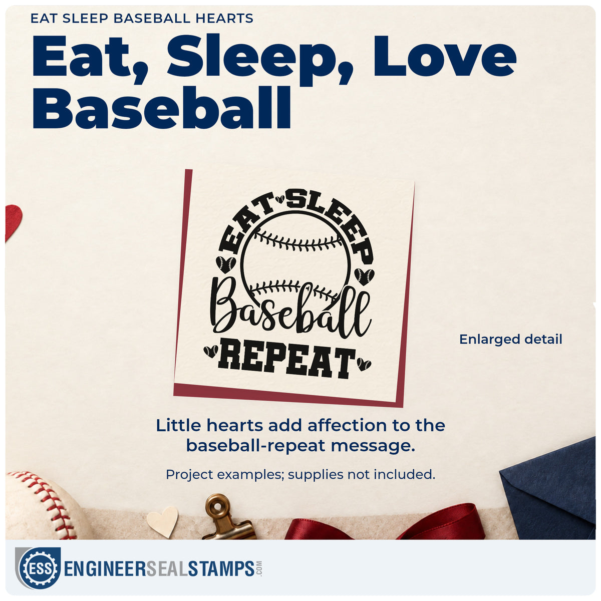 Enlarged detail of the Eat Sleep Baseball Repeat Rubber Stamp – Wood Handle imprint. A baseball, small hearts, and mixed lettering form an "Eat sleep baseball repeat" design.