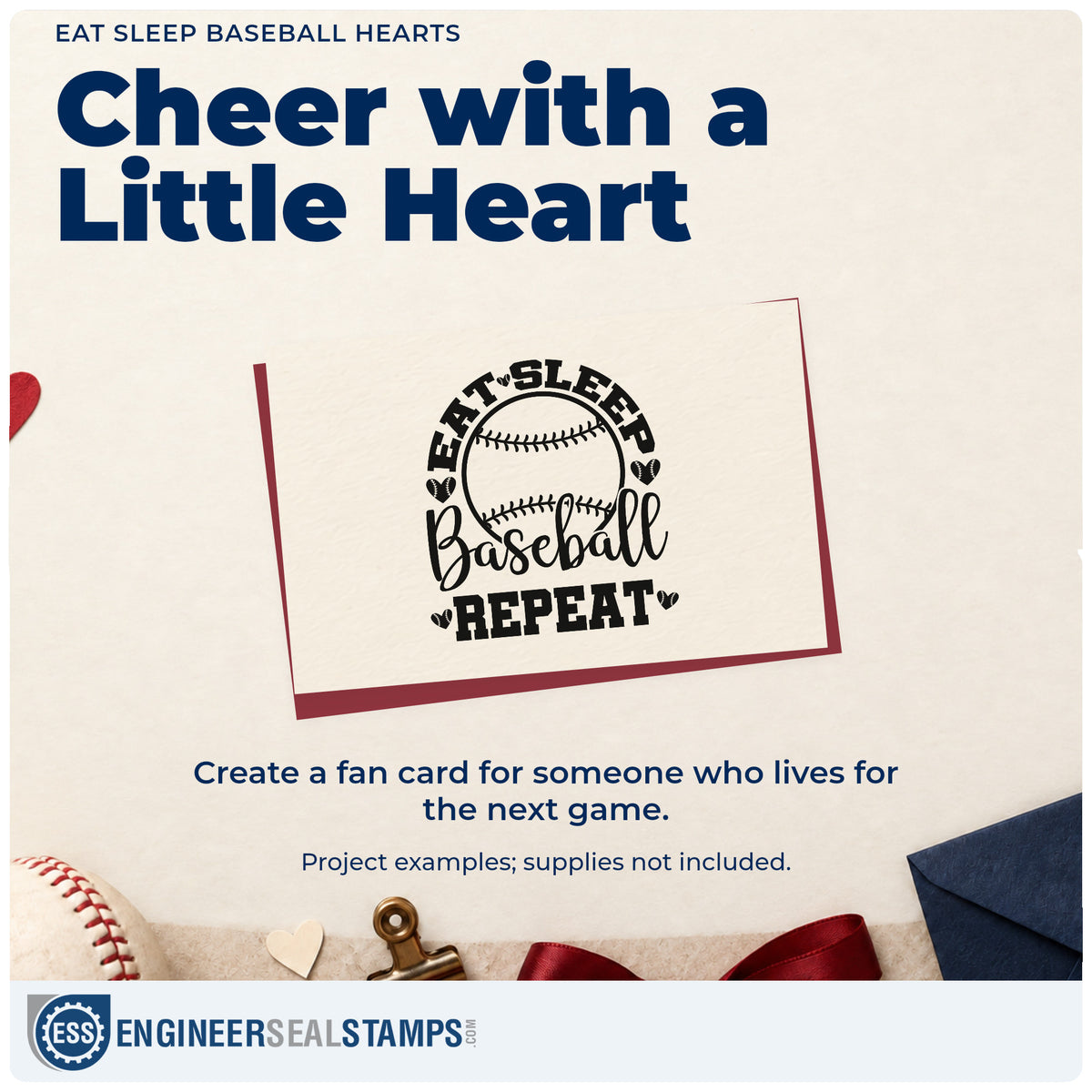 A finished handmade project stamped with the Eat Sleep Baseball Repeat Rubber Stamp – Wood Handle, ideal for softball scrapbook pages.