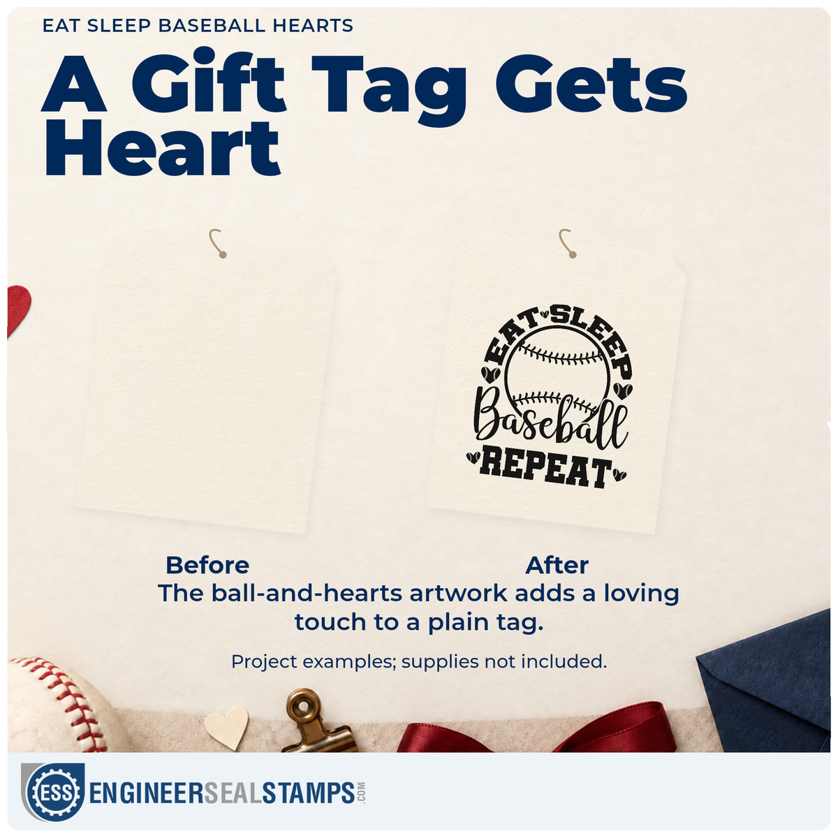 Before and after of a plain item finished with the Eat Sleep Baseball Repeat Rubber Stamp – Wood Handle, a quick upgrade for fan tote bags.