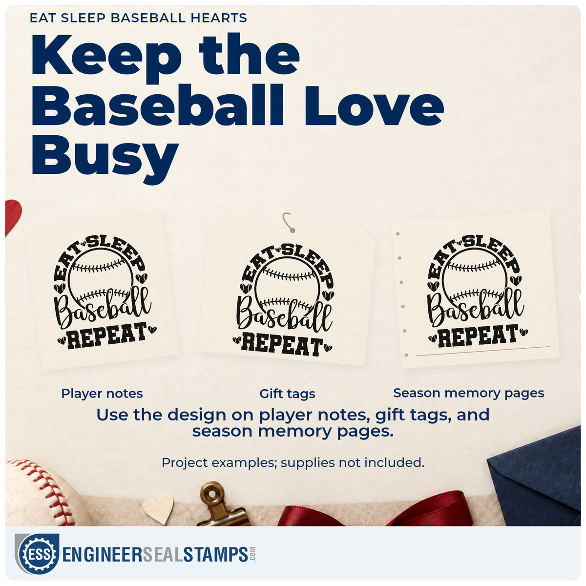 Three project examples made with the Eat Sleep Baseball Repeat Rubber Stamp – Wood Handle, including team party favor tags.