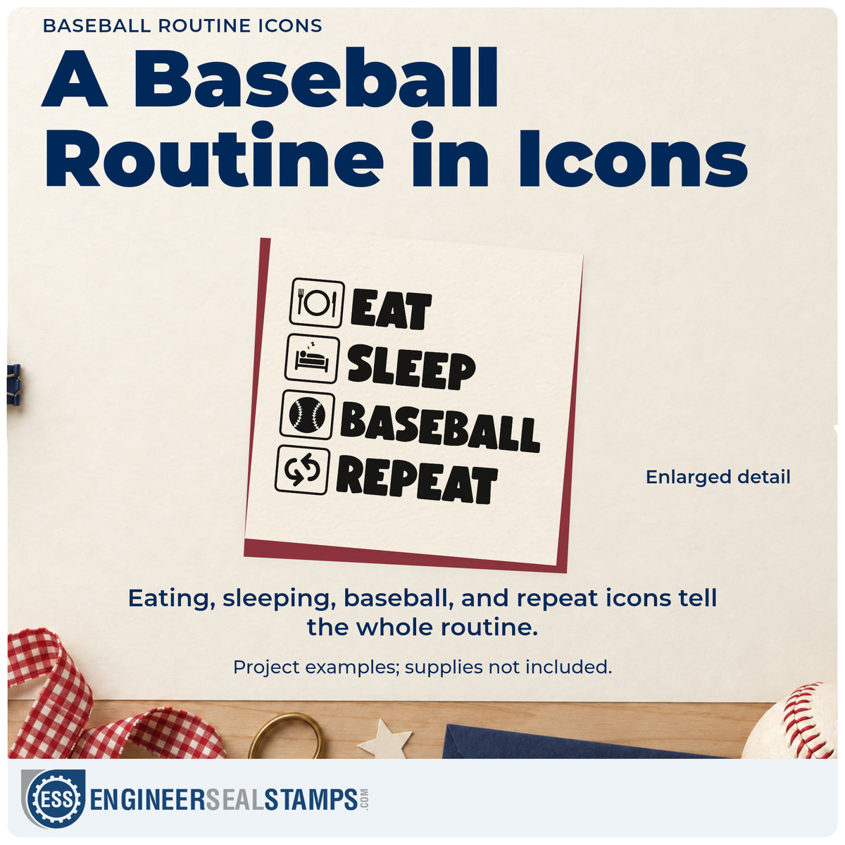 Enlarged detail of the Baseball Routine Icons Arrow Self-Inking Stamp imprint. Utensil, bed, baseball, and repeat-arrow icons appear beside stacked "Eat sleep baseball repeat" lettering.