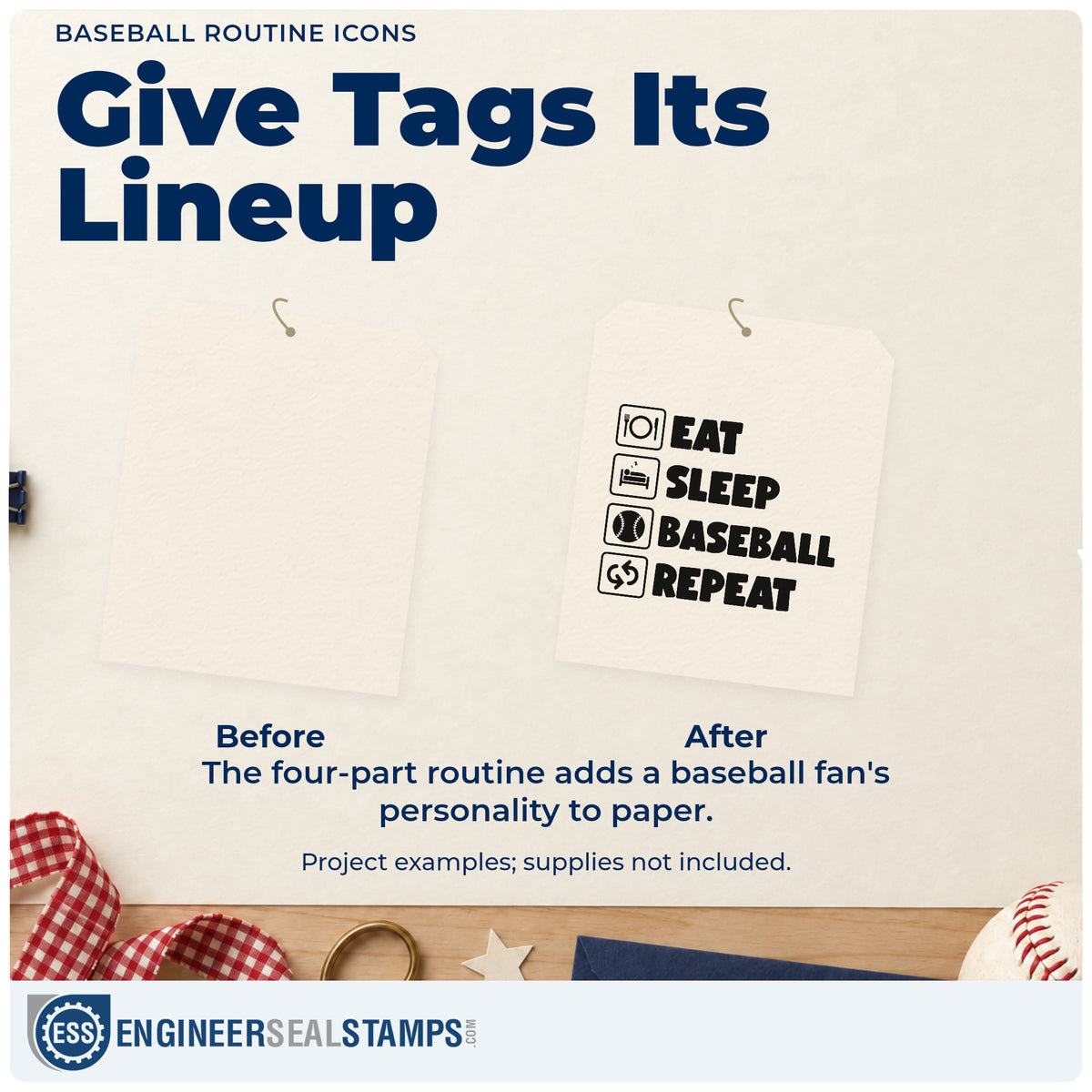 Before and after of a plain item finished with the Baseball Routine Icons Arrow Self-Inking Stamp, a quick upgrade for planner stickers.