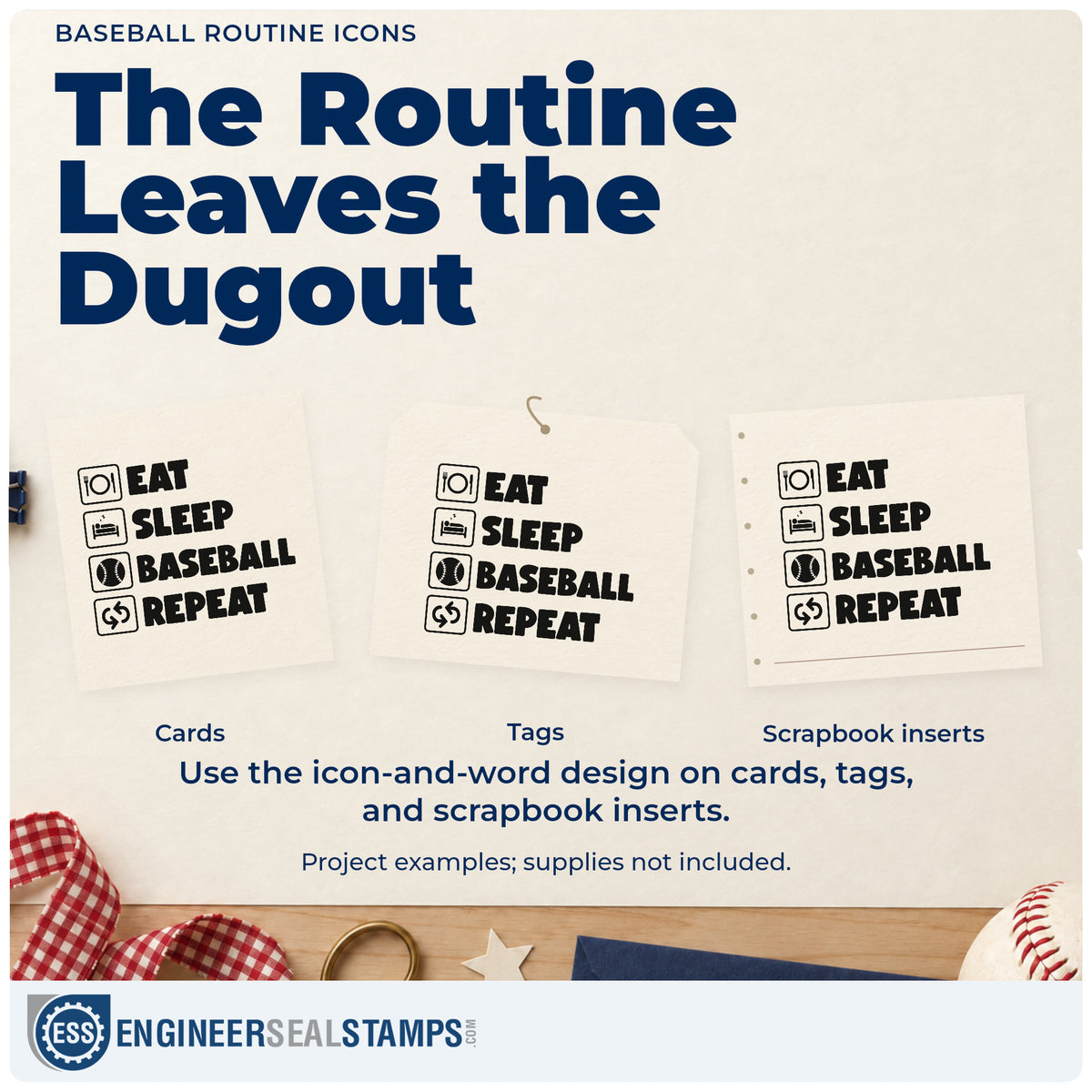 Three project examples made with the Baseball Routine Icons Arrow Self-Inking Stamp, including bedroom door signs.