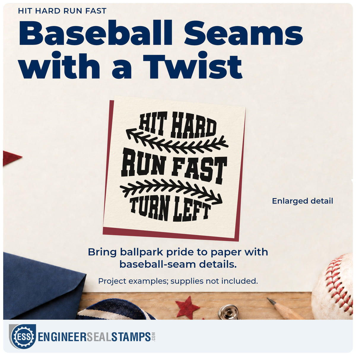 Enlarged detail of the Hit Hard, Run Fast, Turn Left Pre-Inked Stamp – Slim imprint. Baseball seams divide the athletic lettering "Hit hard, run fast, turn left."