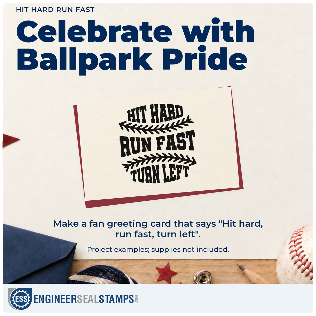 A finished handmade project stamped with the Hit Hard, Run Fast, Turn Left Rubber Stamp – Wood Handle, ideal for dugout posters.