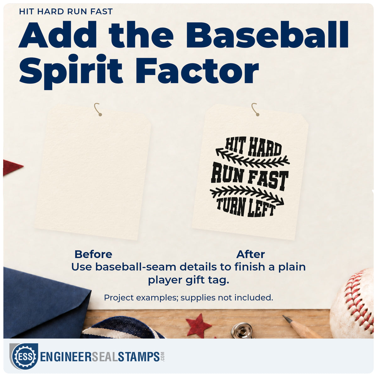 Before and after of a plain item finished with the Hit Hard, Run Fast, Turn Left Premium Wood-Mounted Stamp - Vintage Pro, a quick upgrade for coach thank-you cards.
