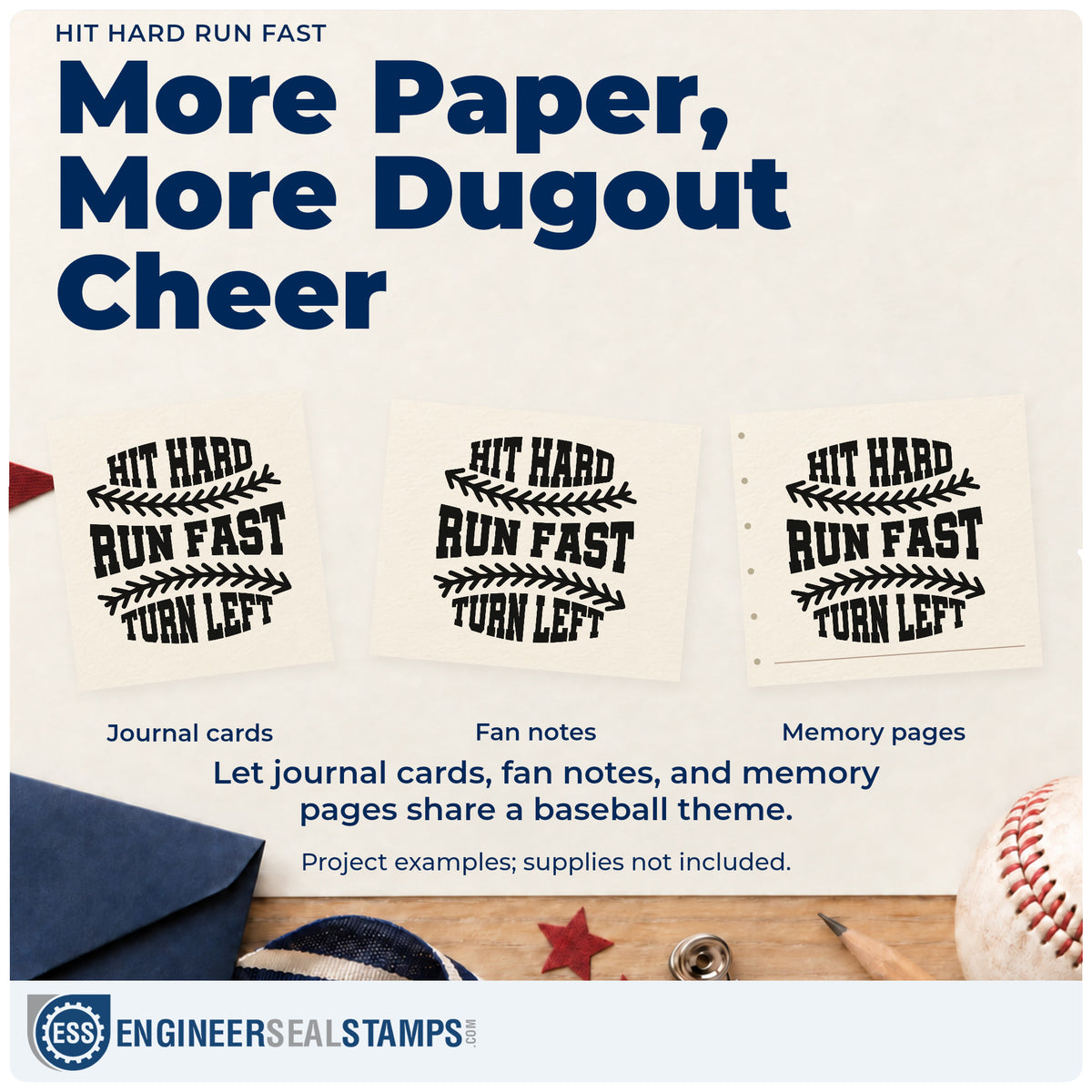 Three project examples made with the Hit Hard, Run Fast, Turn Left Rubber Stamp – Wood Handle, including baserunning scrapbooks.