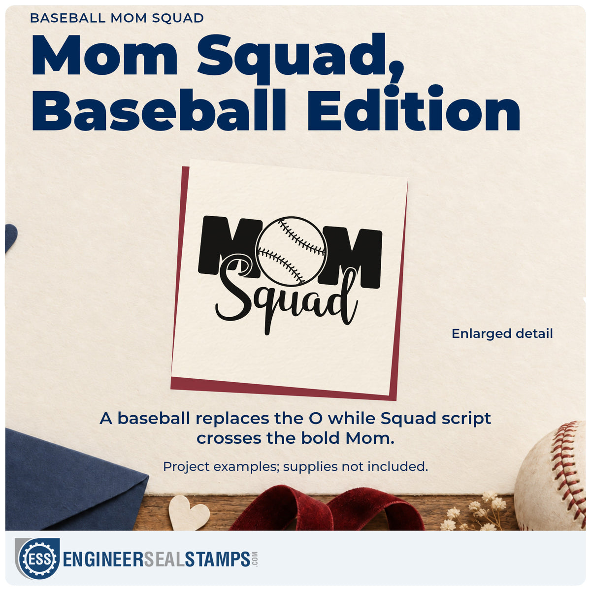 Enlarged detail of the Baseball Mom Squad Script Lettering Stamp – Wood Handle imprint. A baseball replaces the O in bold "Mom" lettering, with "Squad" written across it in script.