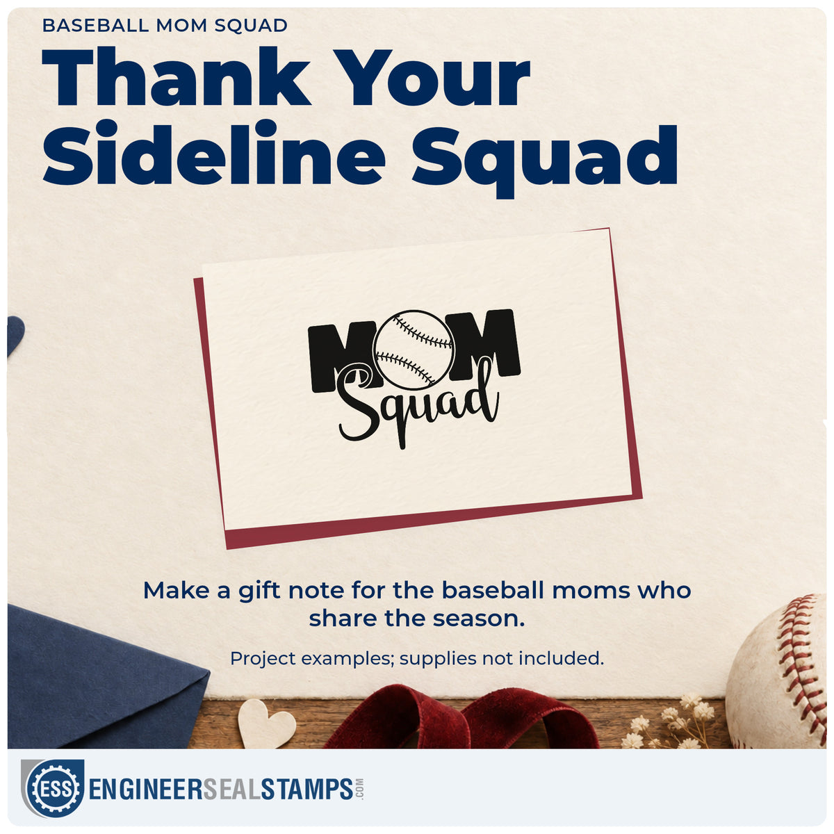 A finished handmade project stamped with the Baseball Mom Squad Script Lettering Self-Inking Stamp, ideal for team parent shirts.