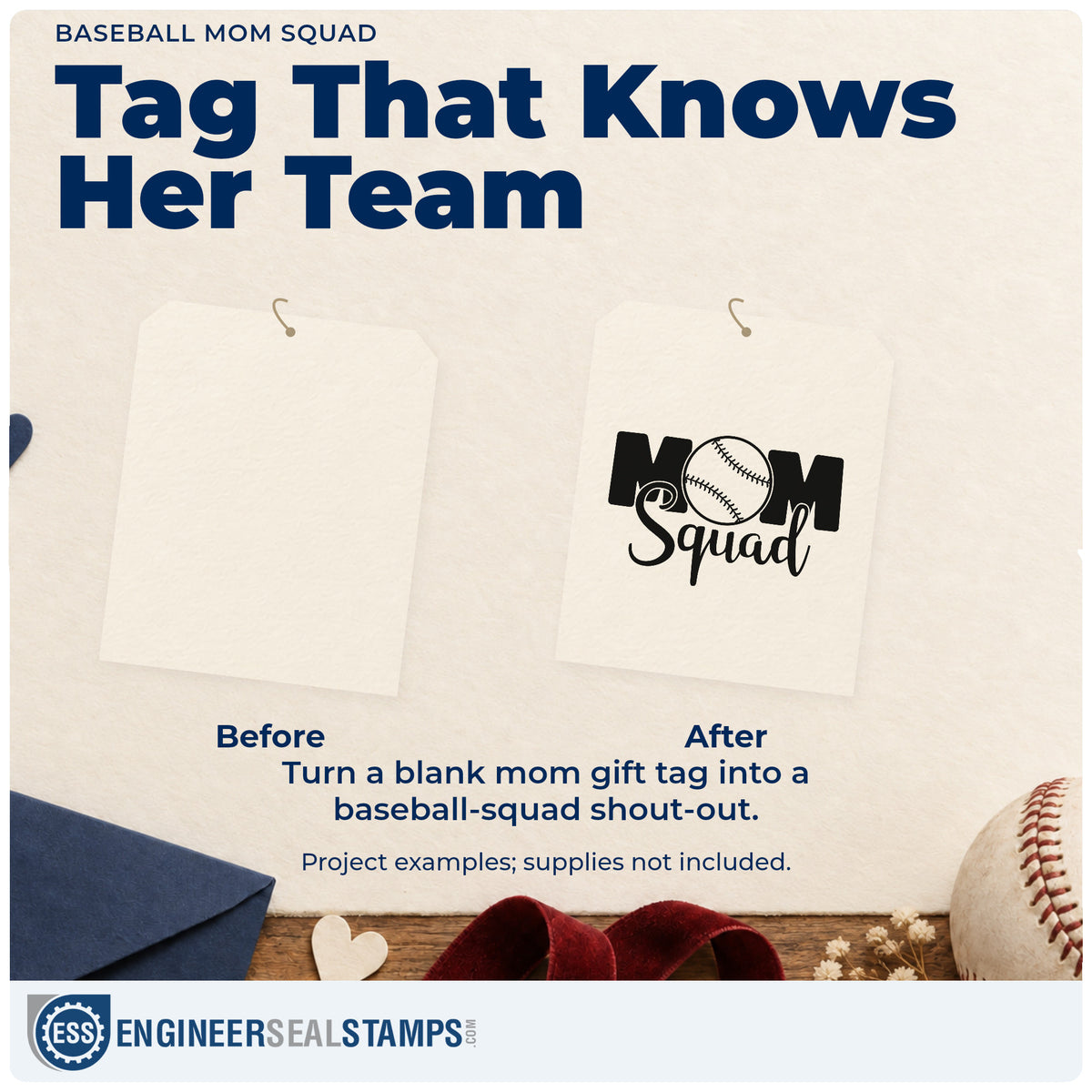 Before and after of a plain item finished with the Baseball Mom Squad Script Lettering Self-Inking Stamp, a quick upgrade for tailgate cup labels.