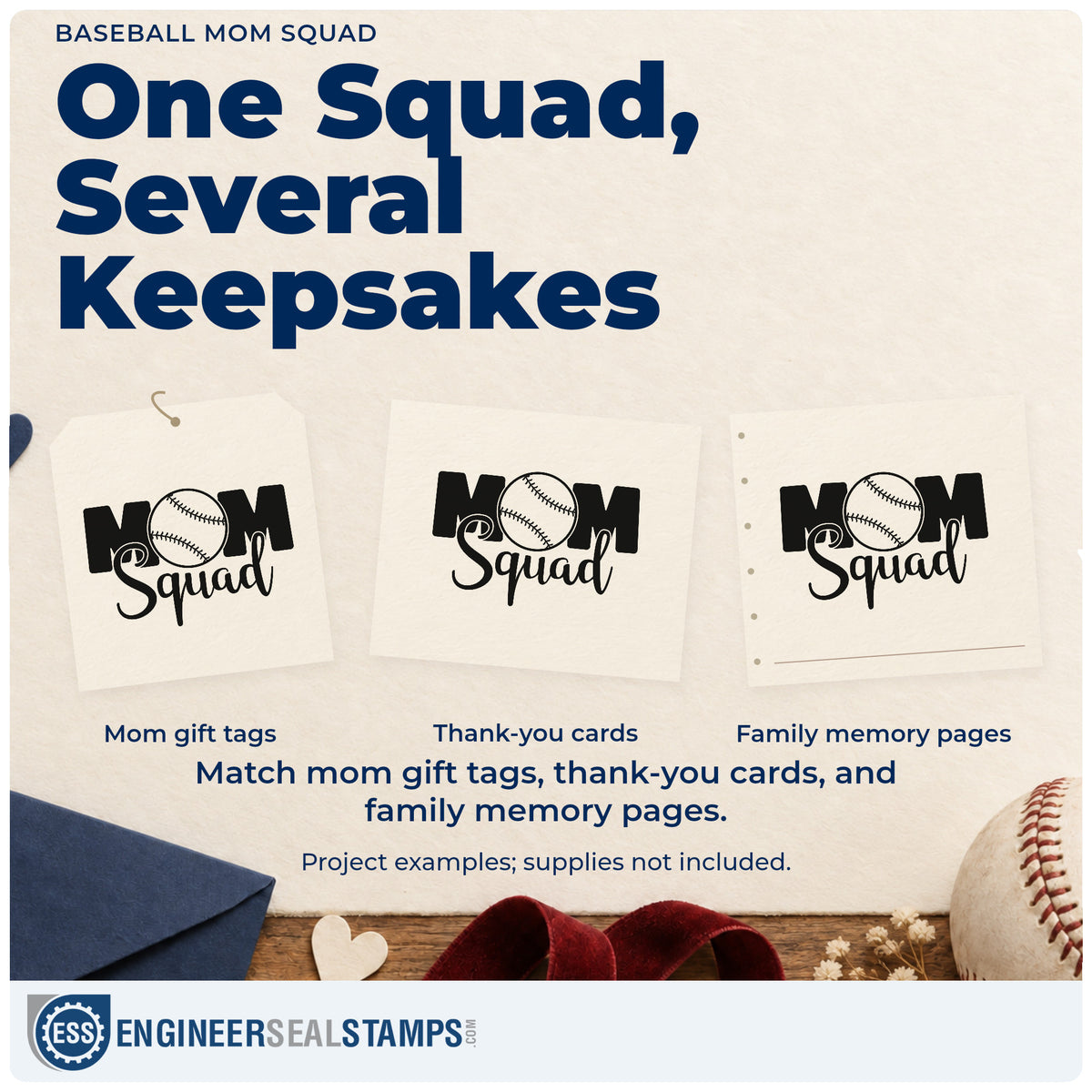 Three project examples made with the Baseball Mom Squad Script Lettering Stamp - Premium Vintage Pro Wooden, including group chat gift tags.