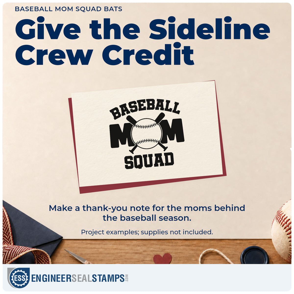 A finished handmade project stamped with the Baseball Mom Squad Bats Slim Pre-Inked Stamp, ideal for booster club name tags.