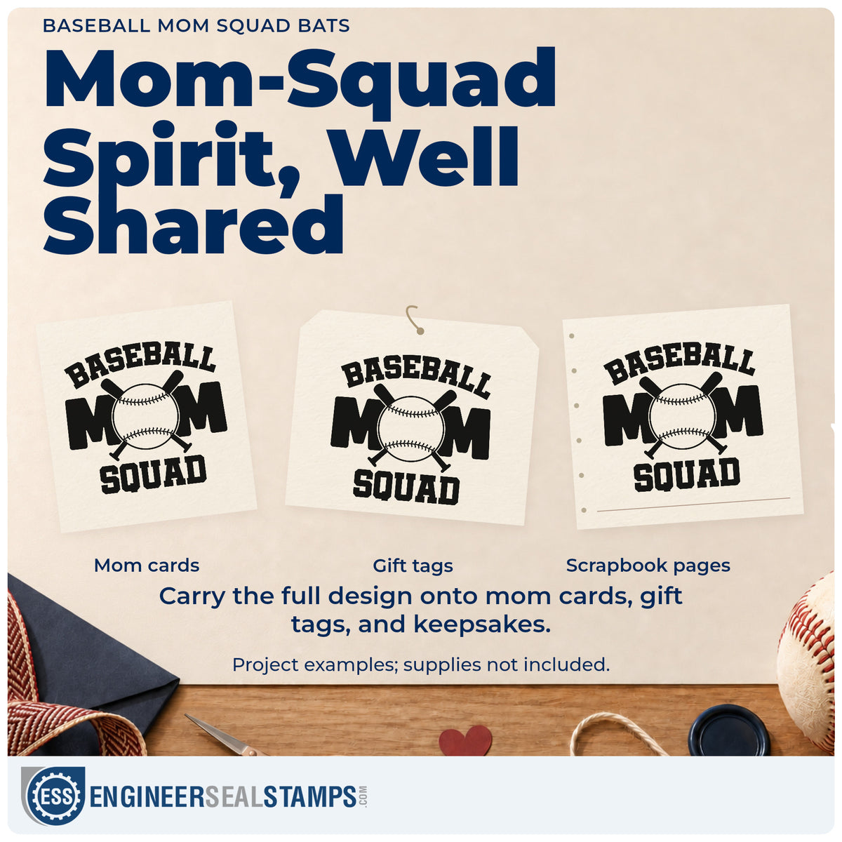 Three project examples made with the Baseball Mom Squad Bats Slim Pre-Inked Stamp, including season scrapbook openers.