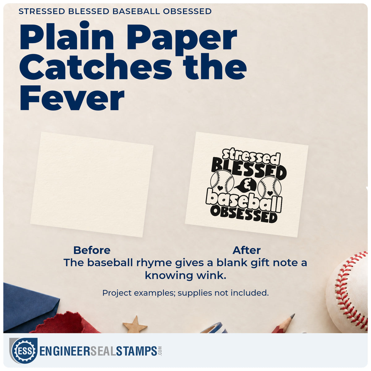 Before and after of a plain item finished with the Stressed Blessed Baseball Obsessed Premium Wooden Stamp - Vintage Pro, a quick upgrade for planner weekly headers.