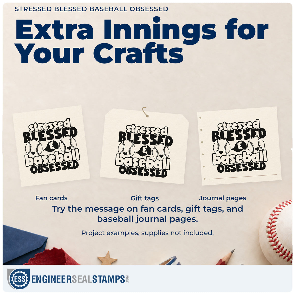 Three project examples made with the Stressed Blessed Baseball Obsessed Premium Wooden Stamp - Vintage Pro, including scrapbook chaos pages.