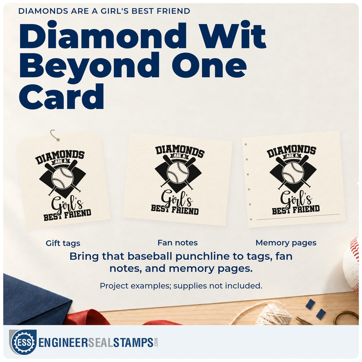 Three project examples made with the Diamonds Are A Girl's Best Friend Premium Wood-Mounted Stamp - Vintage Pro, including jewelry gift tags.