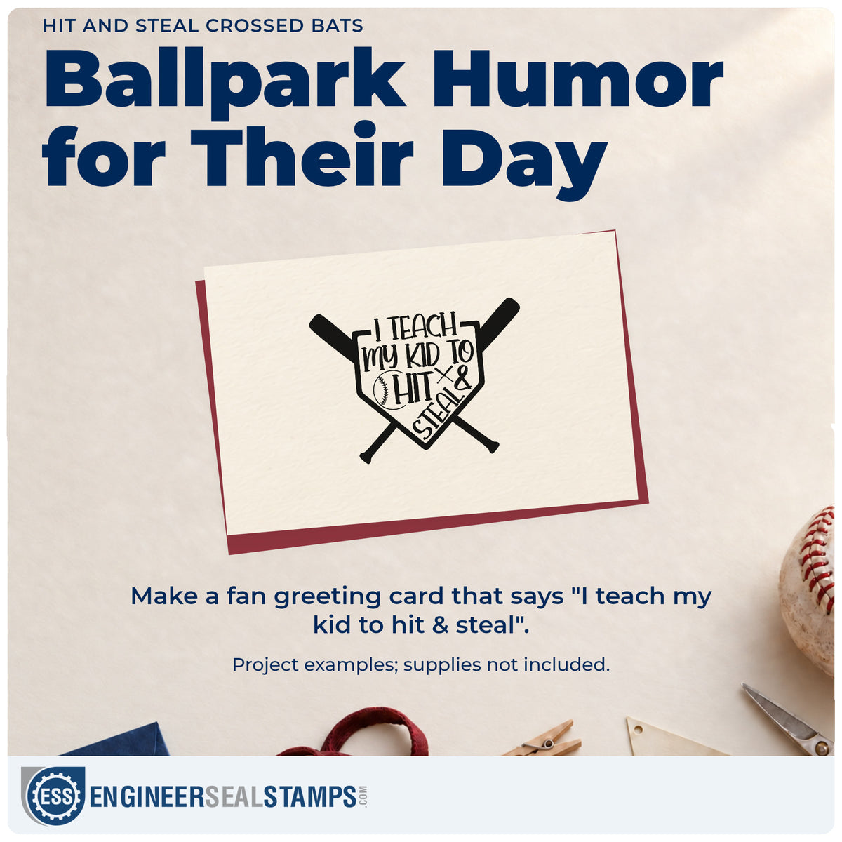 A finished handmade project stamped with the Hit And Steal Crossed Bats Home Plate Badge Rubber Stamp – Wood Handle, ideal for coaching staff gifts.