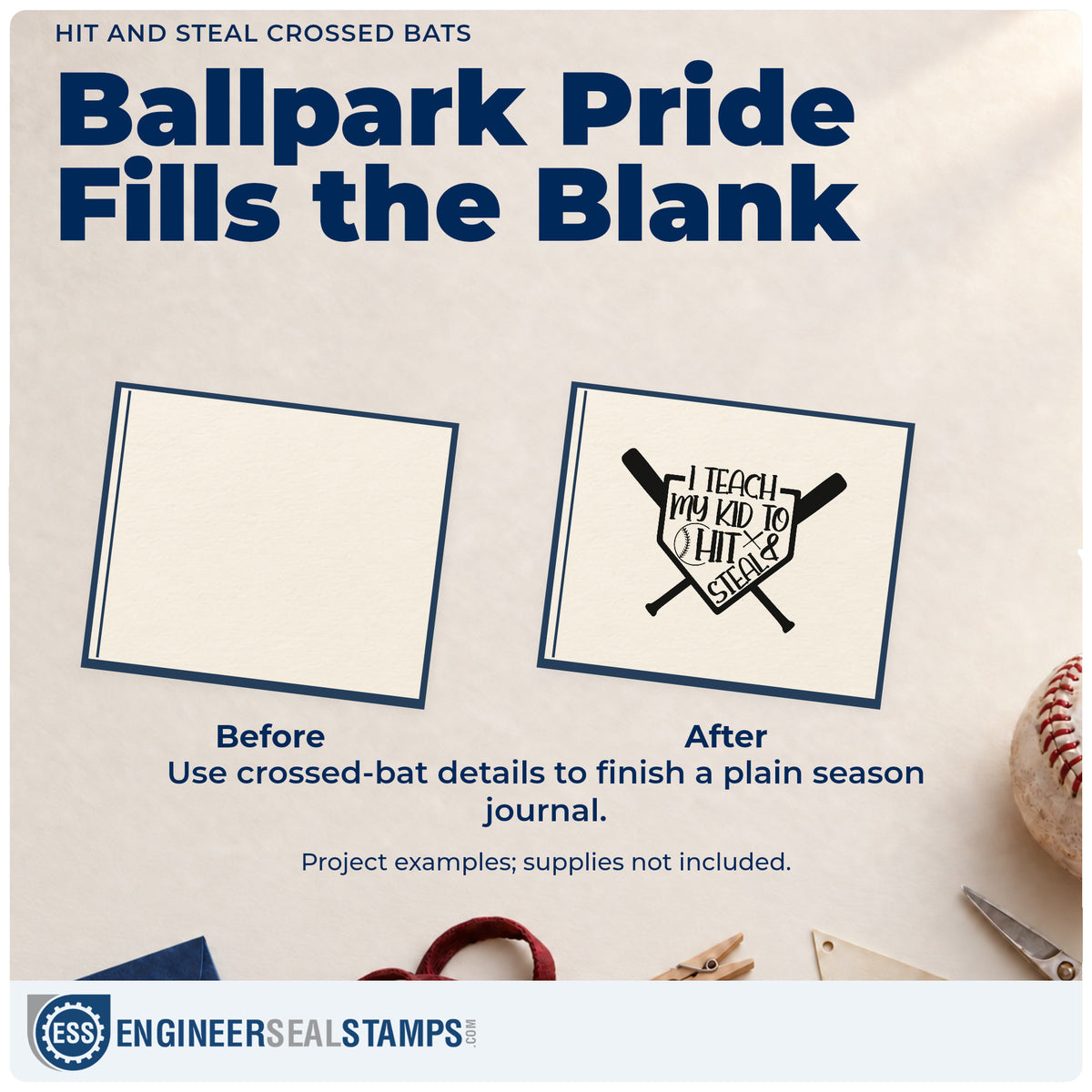 Before and after of a plain item finished with the Hit And Steal Crossed Bats Home Plate Badge Rubber Stamp – Wood Handle, a quick upgrade for bat bag tags.
