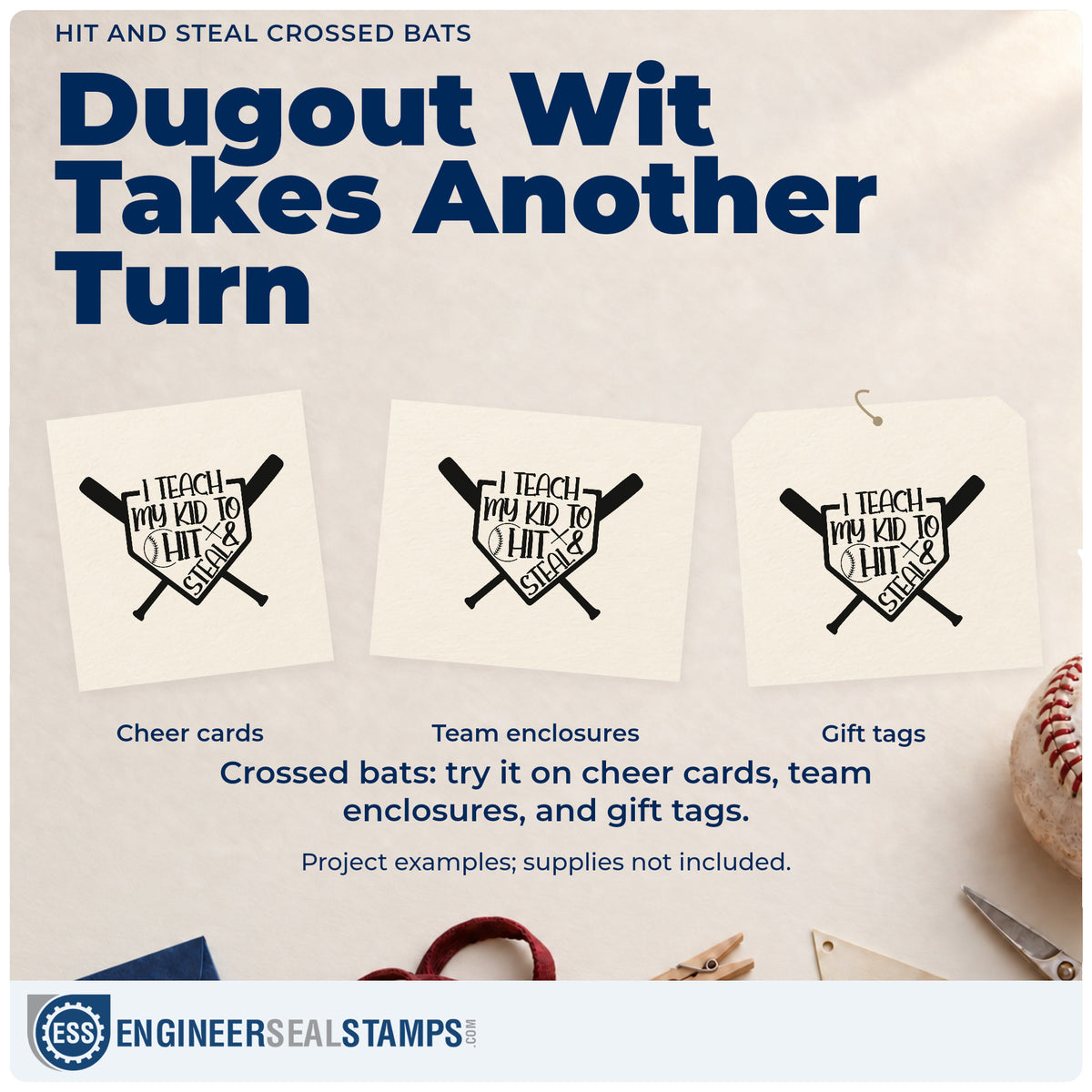 Three project examples made with the Hit And Steal Crossed Bats Home Plate Badge Rubber Stamp – Wood Handle, including parent tote bags.