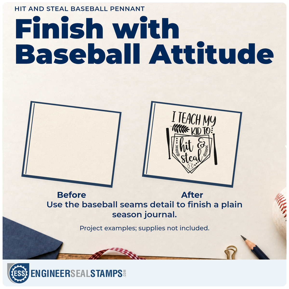 Before and after of a plain item finished with the Hit And Steal Bats And Seams Pennant Rubber Stamp – Duo Hand, a quick upgrade for game day tees.
