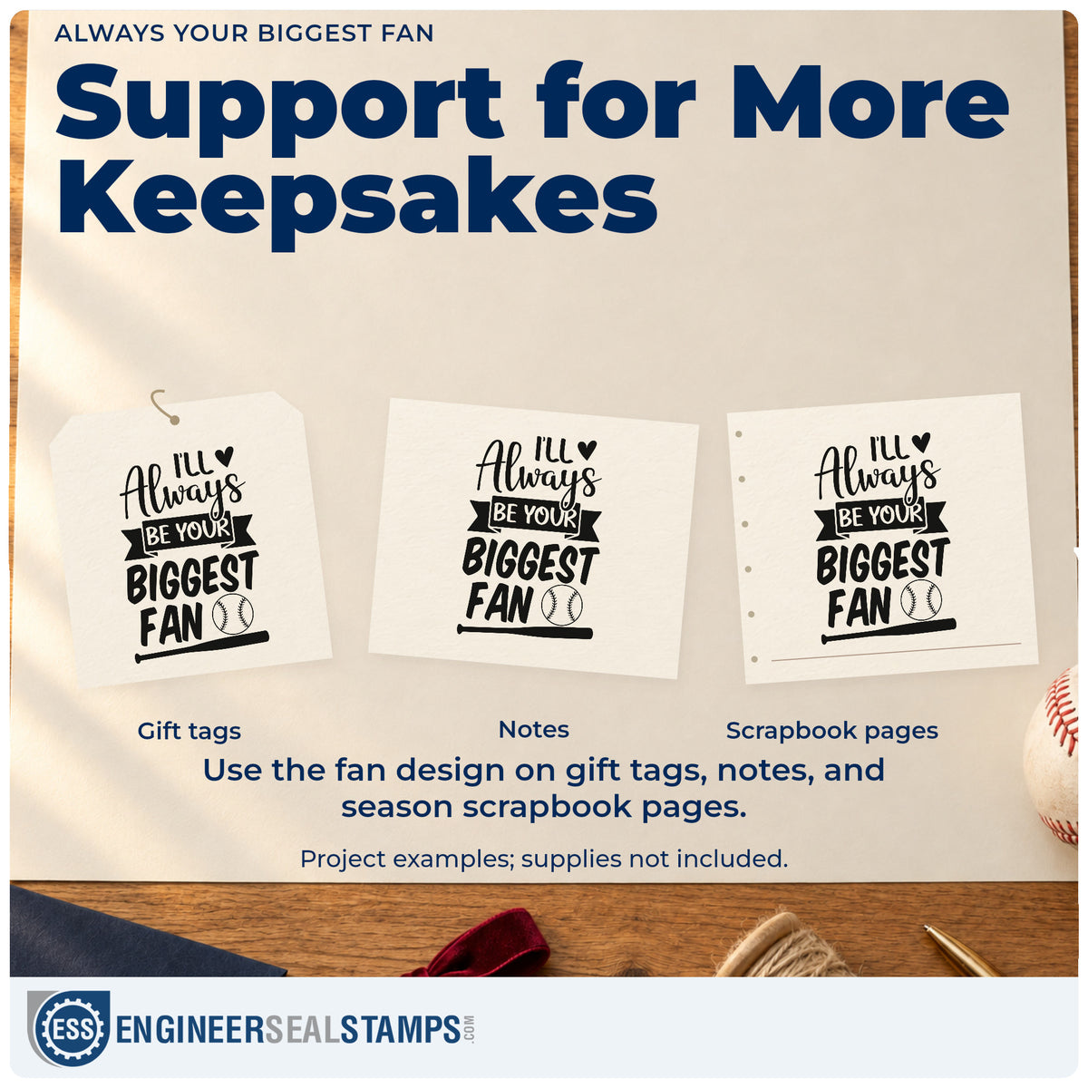 Three project examples made with the Always Your Biggest Fan Slim Pre-Inked Stamp, including senior night keepsakes.