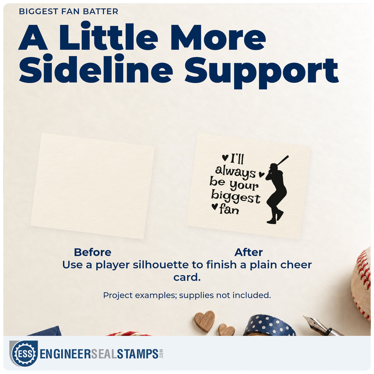 Before and after of a plain item finished with the Biggest Fan Batter Hand Stamp – Duo, a quick upgrade for fan tee transfers.