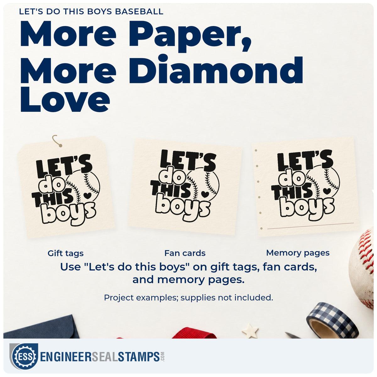 Three project examples made with the Let's Do This Boys Baseball With Hearts Wood Handle Stamp, including scrapbook openers.