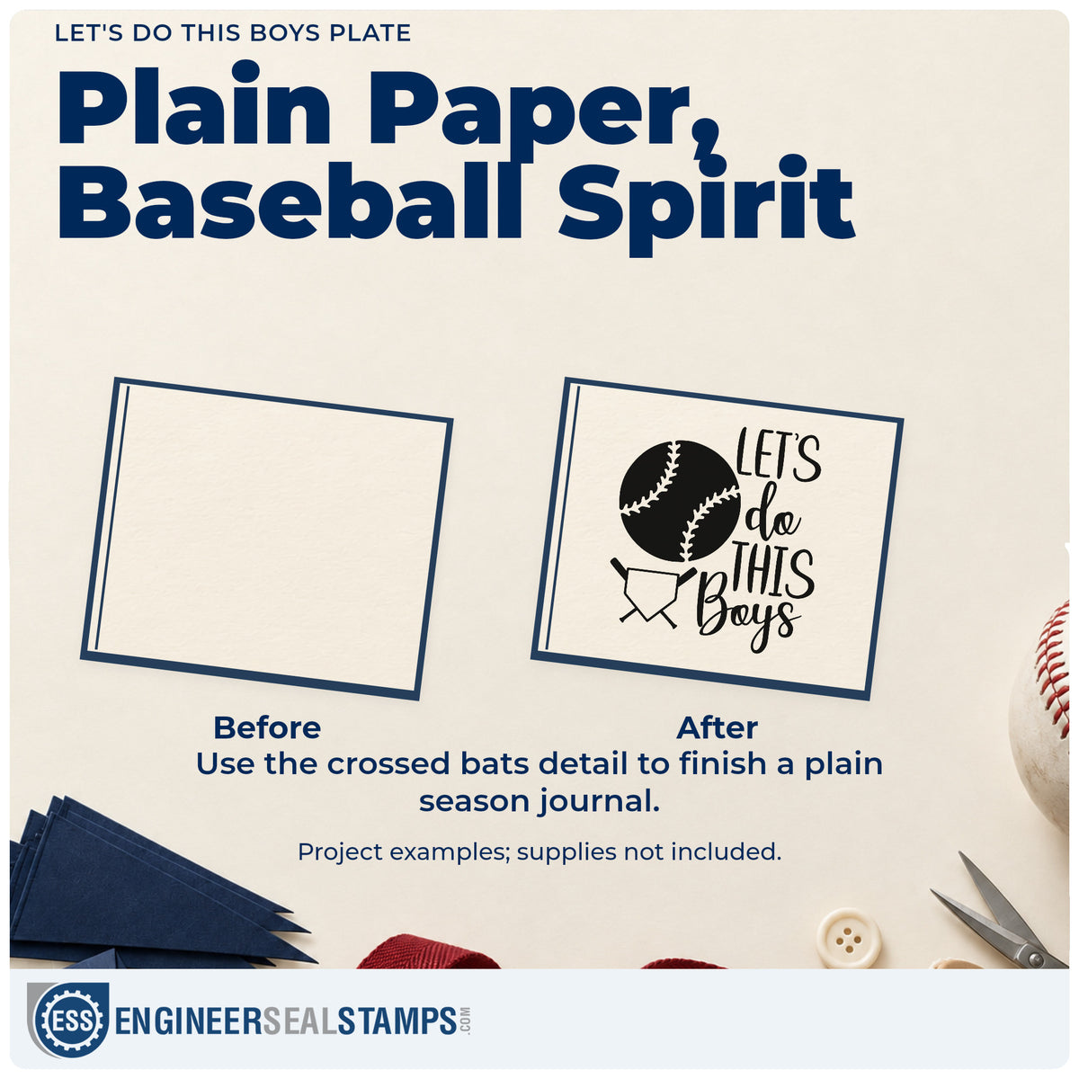 Before and after of a plain item finished with the Let's Do This Boys Plate Pre-Inked Stamp – Slim, a quick upgrade for team tee transfers.