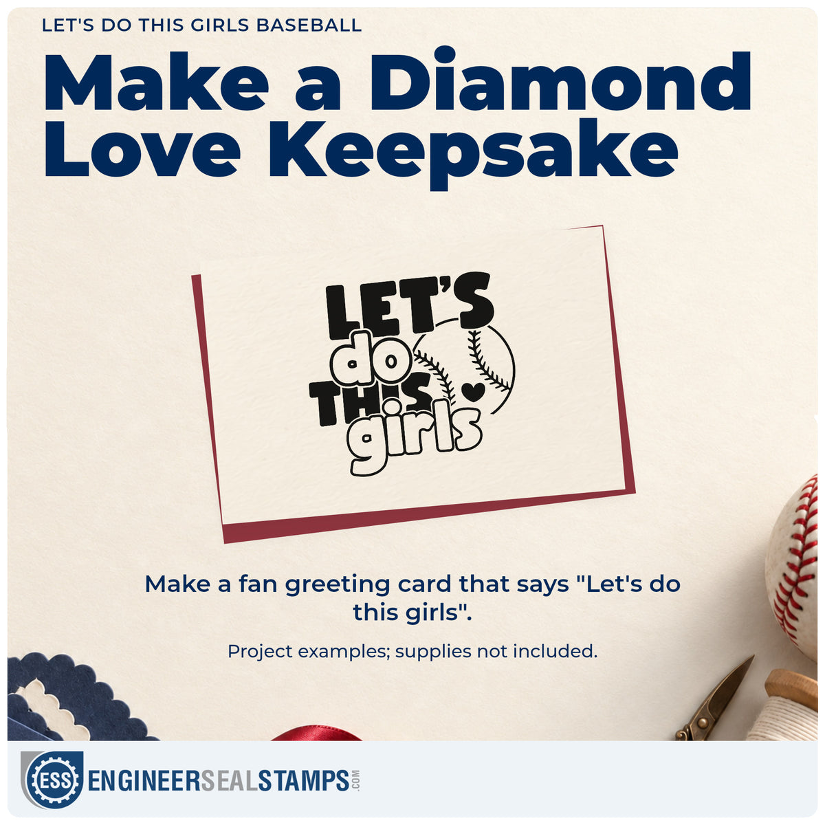 A finished handmade project stamped with the Let's Do This Girls Baseball With Hearts Self-Inking Stamp, ideal for hair bow gift tags.