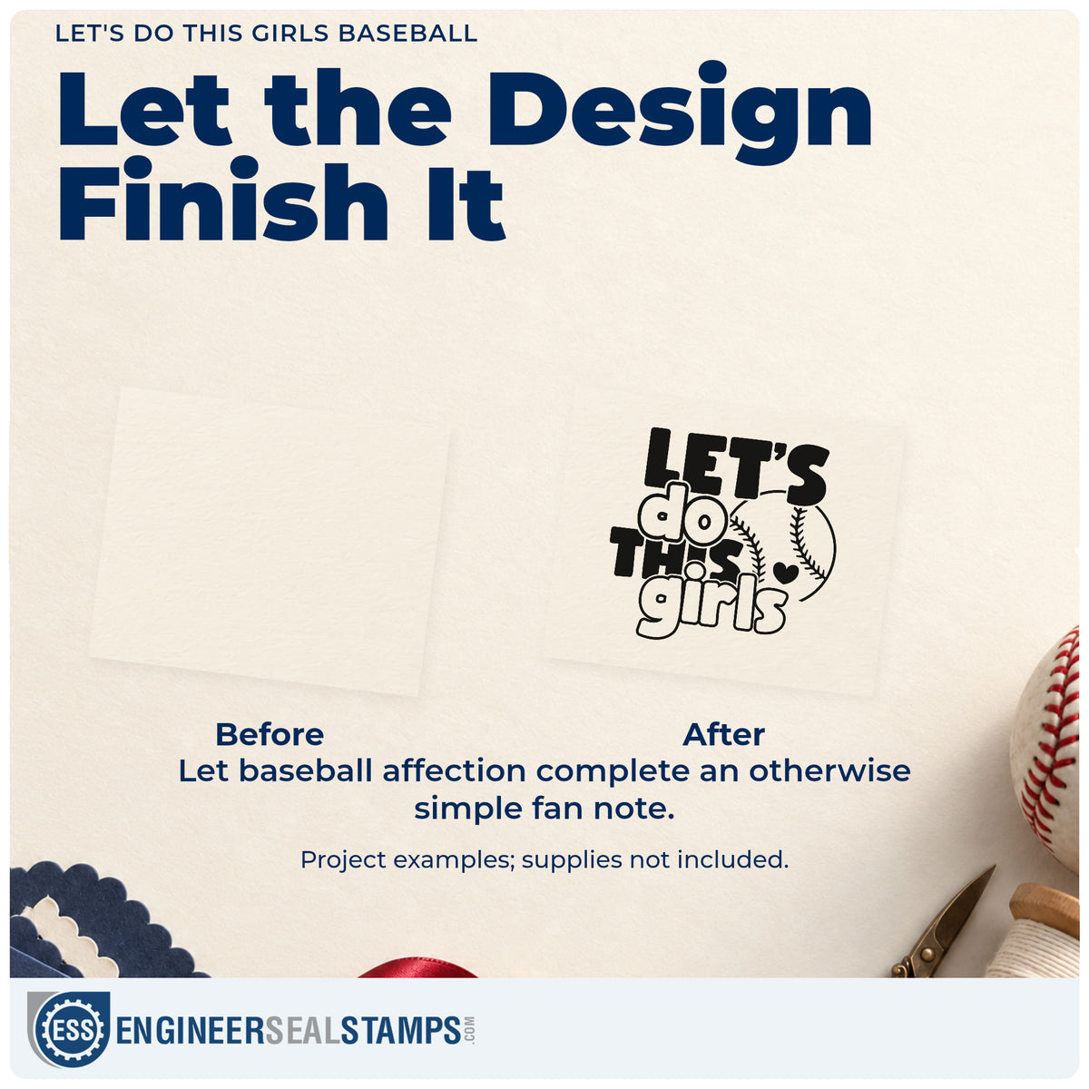 Before and after of a plain item finished with the Let's Do This Girls Baseball With Hearts Stamp – Wood Handle, a quick upgrade for locker door signs.