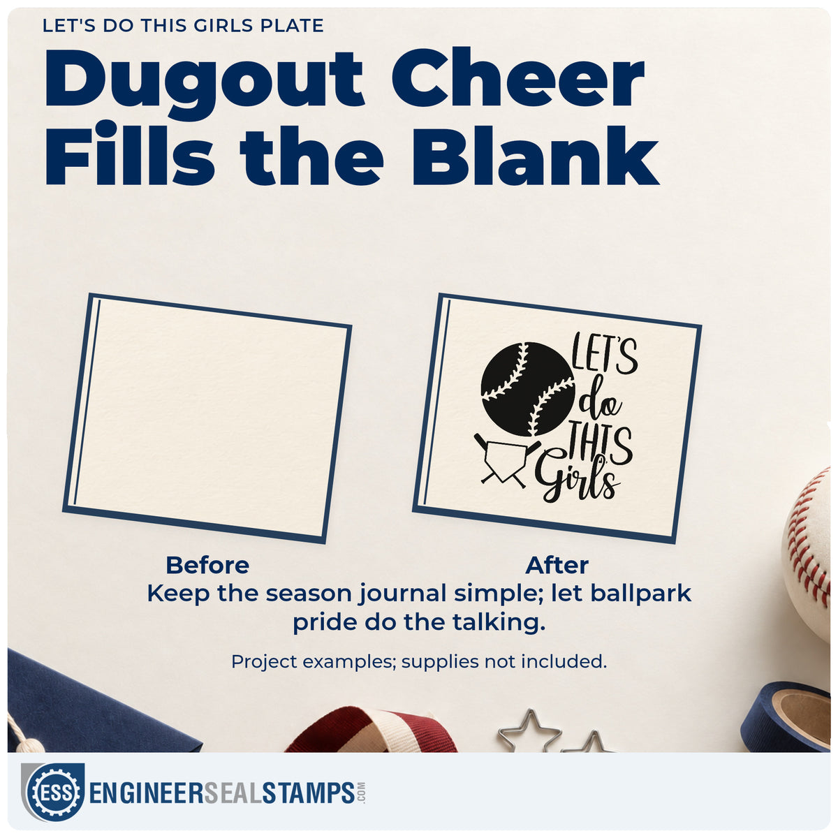 Before and after of a plain item finished with the Let's Do This Girls Plate Stamp – Self-Inking, a quick upgrade for tournament hotel signs.