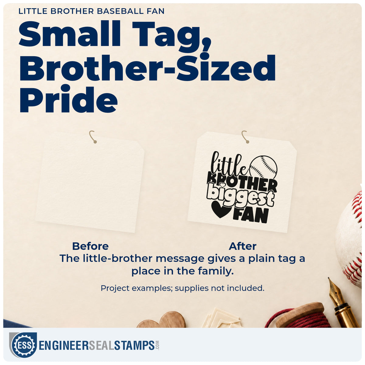Before and after of a plain item finished with the Slim Pre-Inked Little Brother Baseball Fan With Hearts Stamp, a quick upgrade for bedroom door signs.