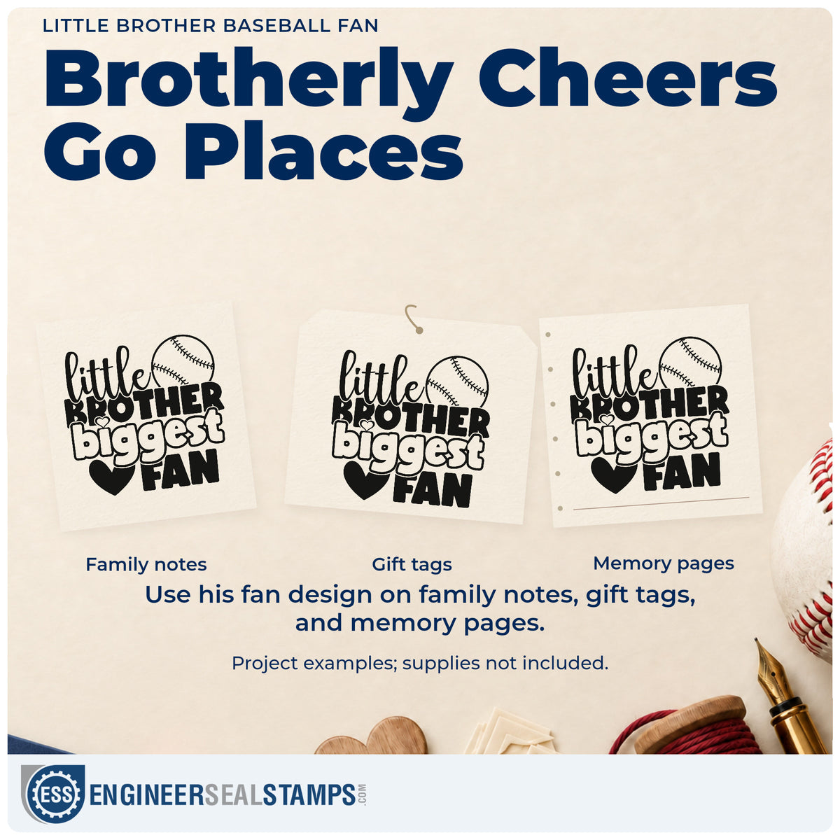 Three project examples made with the Little Brother Baseball Fan With Hearts Self-Inking Craft Stamp, including coloring craft sheets.