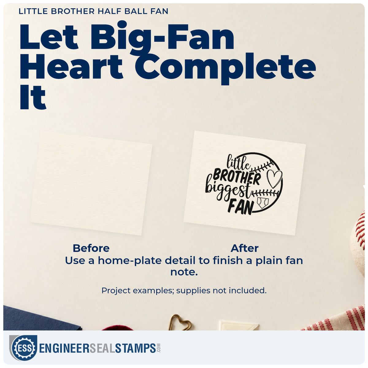 Before and after of a plain item finished with the Little Brother Half Ball Fan PSI Pre-Inked Stamp, a quick upgrade for shower favor tags.
