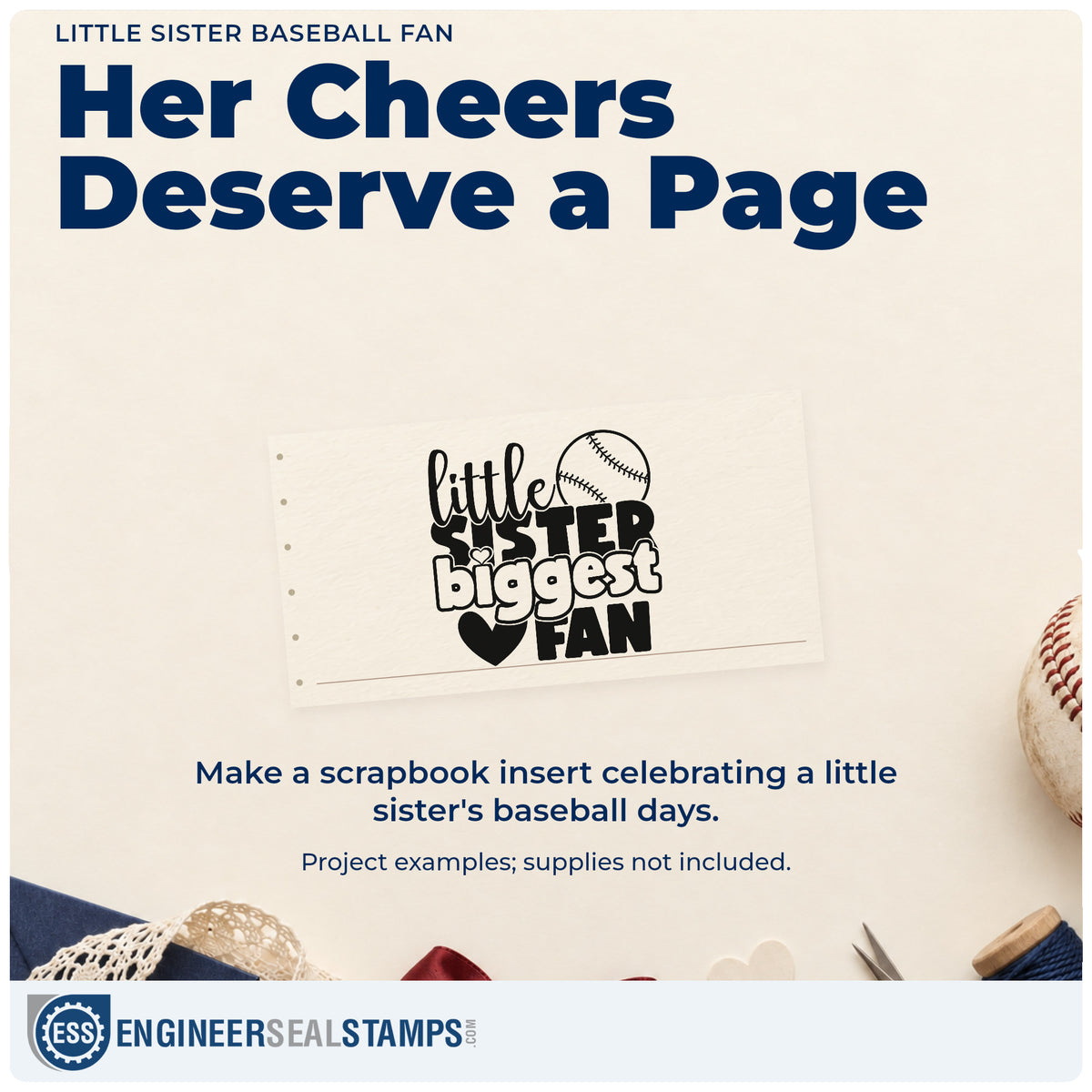 A finished handmade project stamped with the Self-Inking Little Sister Baseball Fan With Hearts Stamp, ideal for game day hair bows.