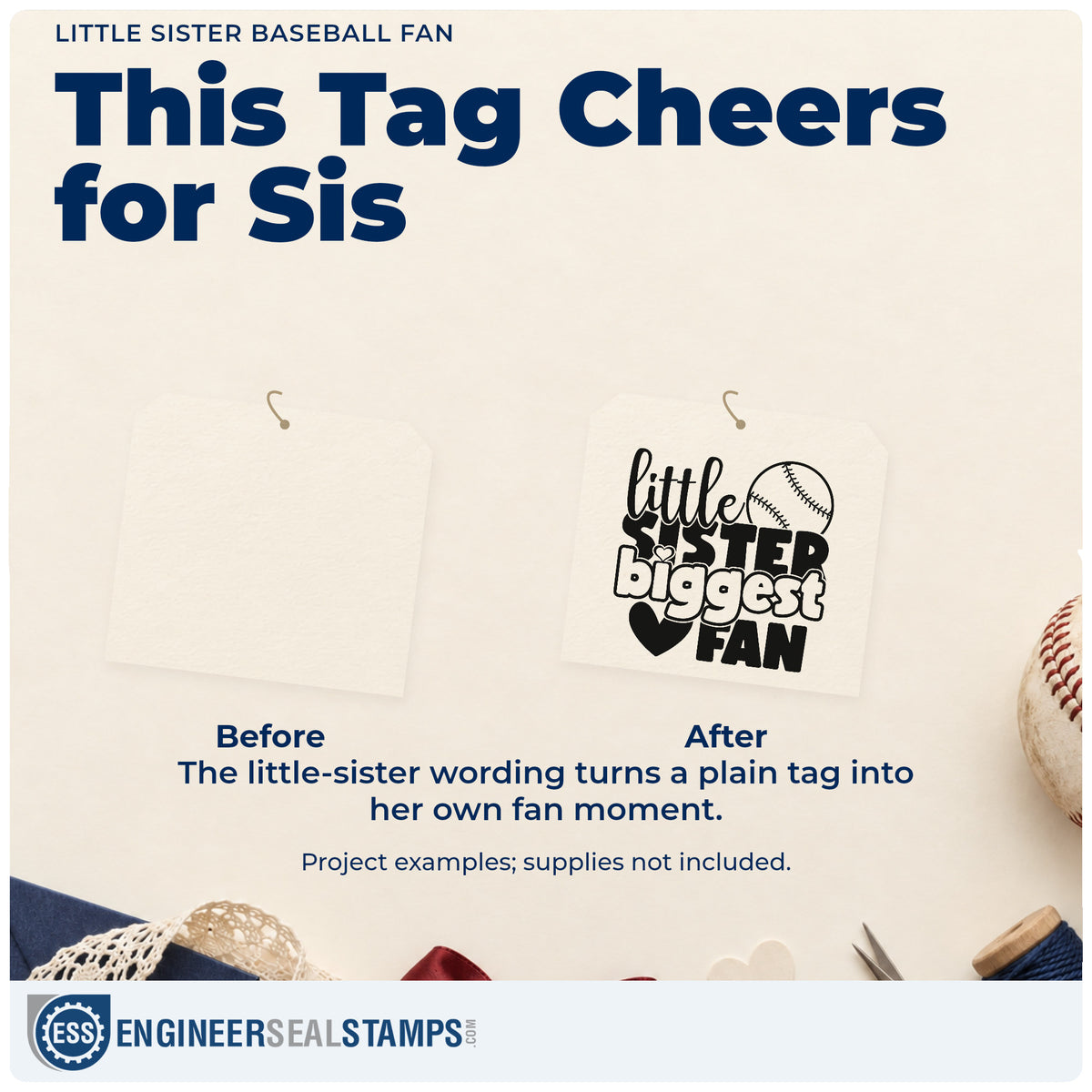 Before and after of a plain item finished with the Little Sister Baseball Fan With Hearts Pre-Inked Stamp – PSI, a quick upgrade for party favor tags.