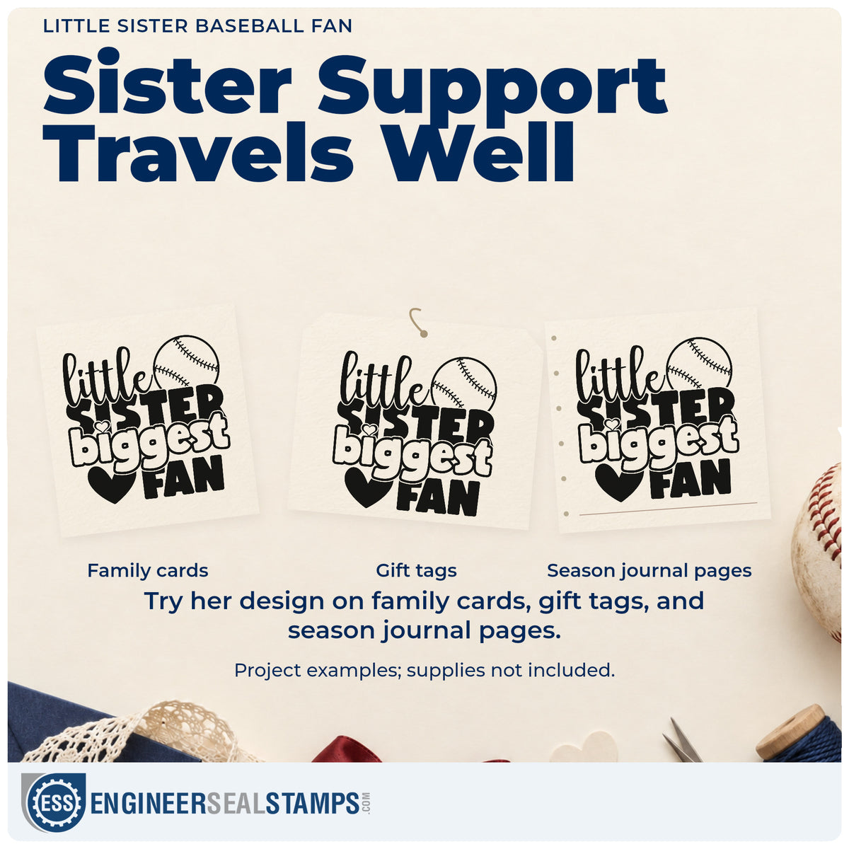 Three project examples made with the Self-Inking Little Sister Baseball Fan With Hearts Stamp, including kid fan tees.