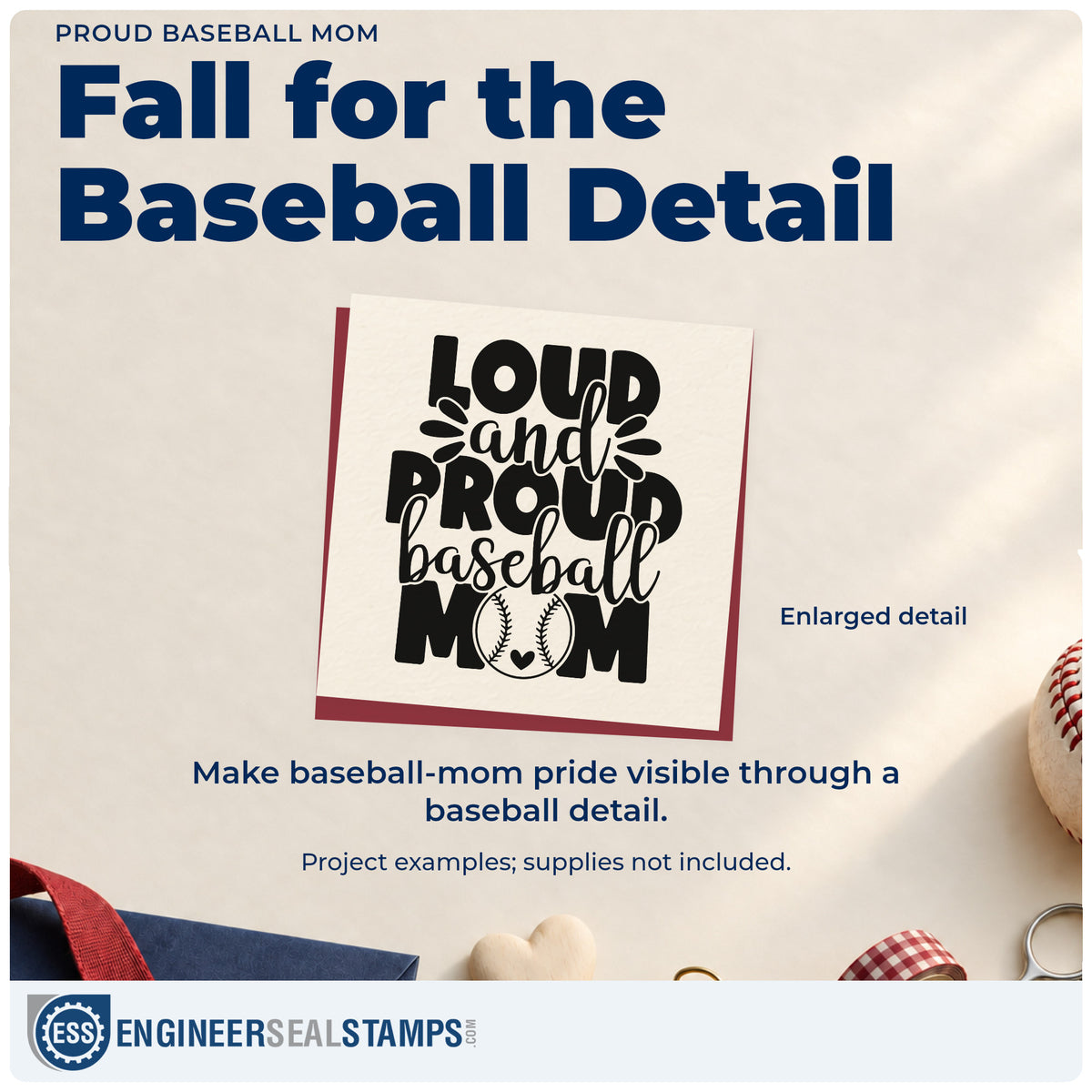 Enlarged detail of the Loud And Proud Baseball Mom Splash Premium Wood-Mounted Stamp - Vintage Pro imprint. Decorative splash marks accent "Loud and proud baseball mom," with a baseball replacing the O.