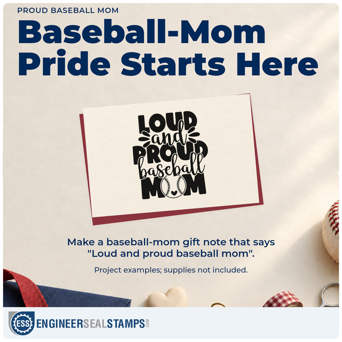 A finished handmade project stamped with the Wood Handle Loud And Proud Baseball Mom Splash Rubber Stamp, ideal for bleacher shirts.