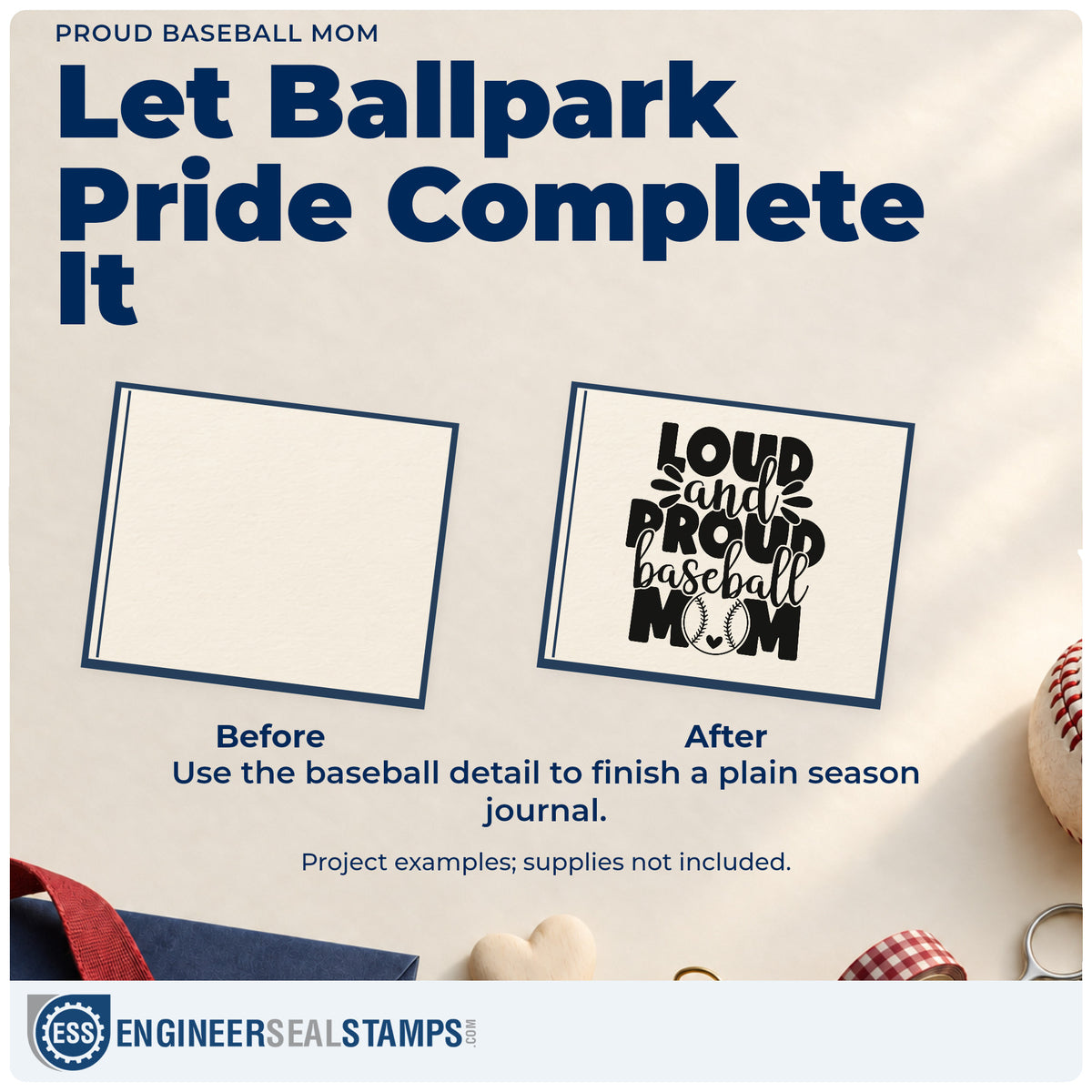 Before and after of a plain item finished with the Wood Handle Loud And Proud Baseball Mom Splash Rubber Stamp, a quick upgrade for mother's day cards.