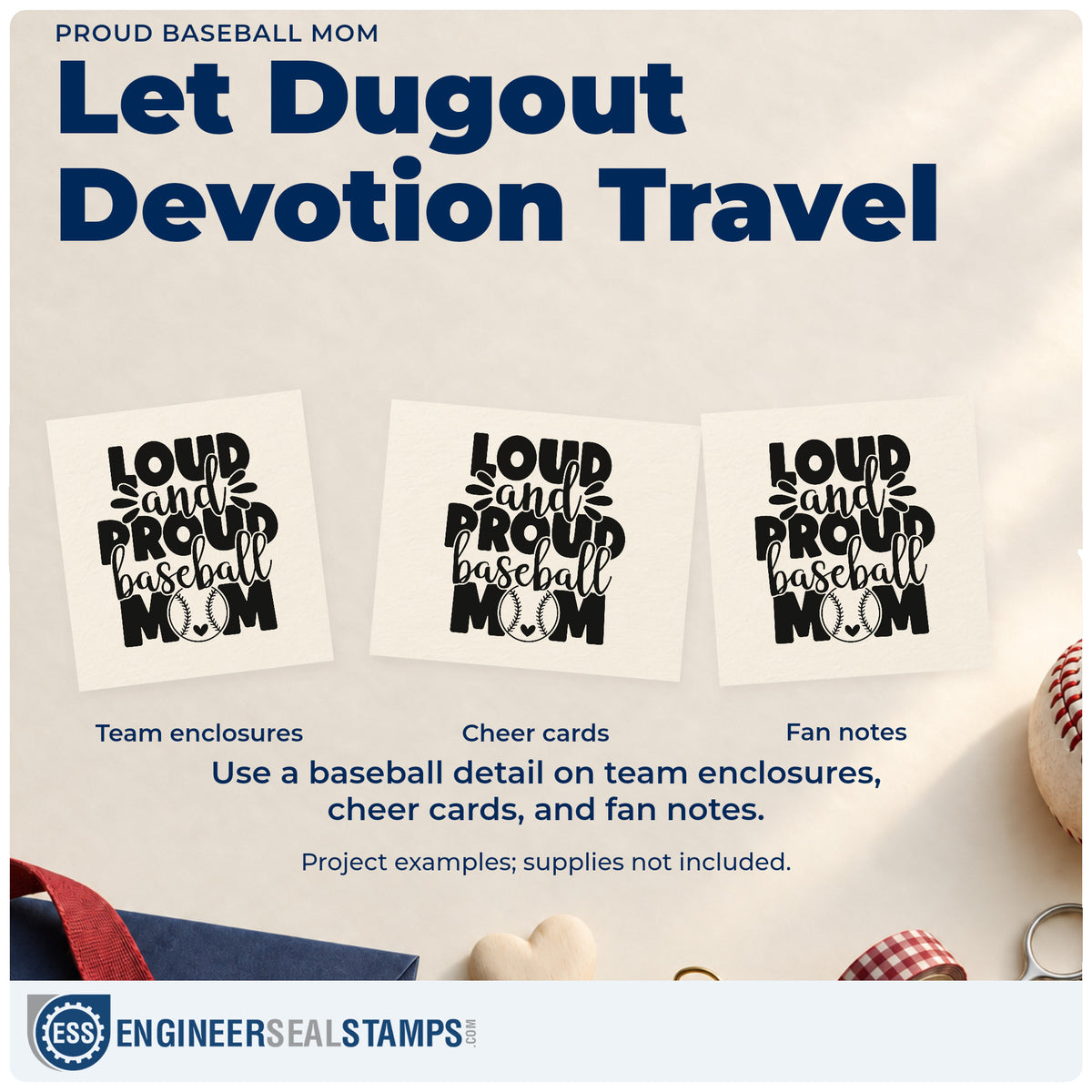 Three project examples made with the Loud And Proud Baseball Mom Splash Rubber Stamp – Duo Hand, including tumbler gift tags.