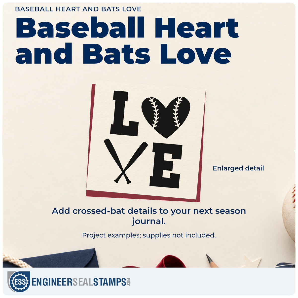 Enlarged detail of the Baseball Heart And Bats Love Self-Inking Stamp imprint. A solid stitched heart replaces the O and crossed bats form the V in a square "Love" design.