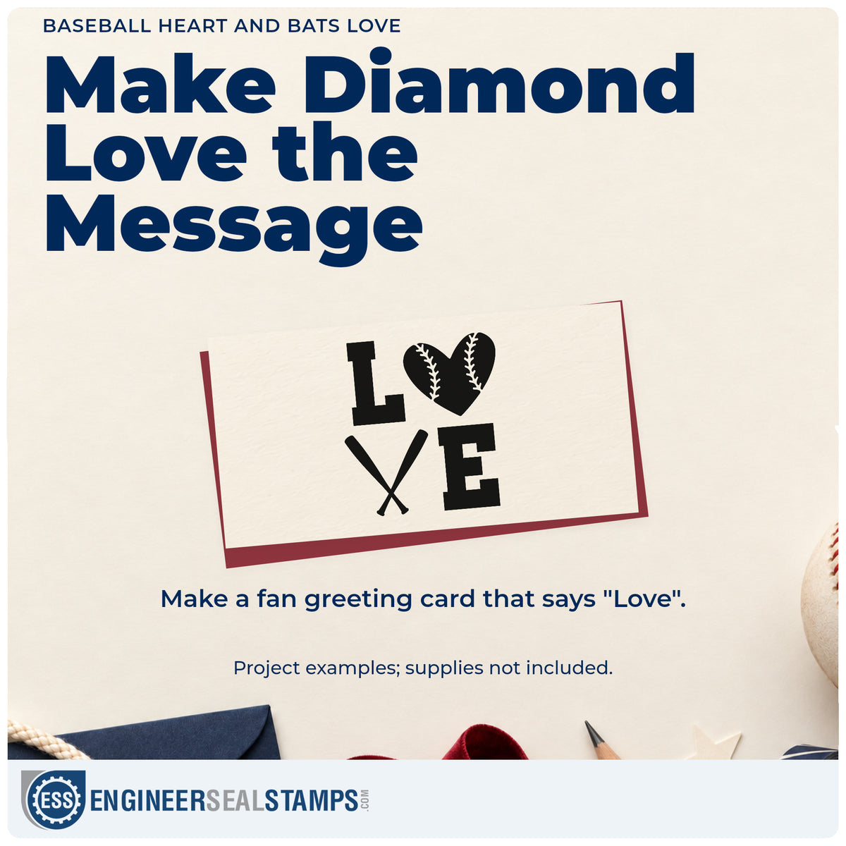 A finished handmade project stamped with the Baseball Heart And Bats Love Wood Handle Stamp, ideal for wedding favor tags.