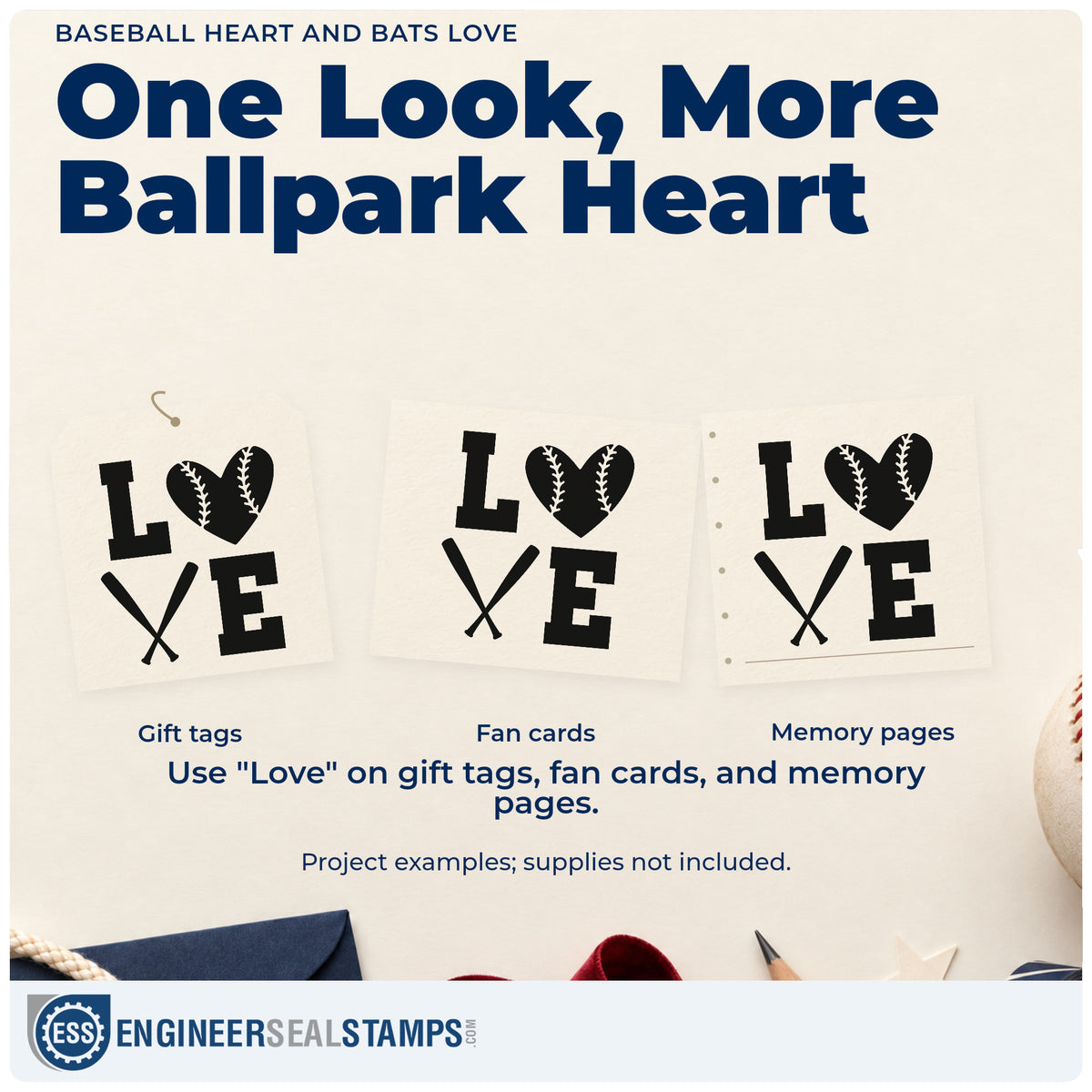 Three project examples made with the Baseball Heart And Bats Love Self-Inking Stamp, including gift wrap pattern.